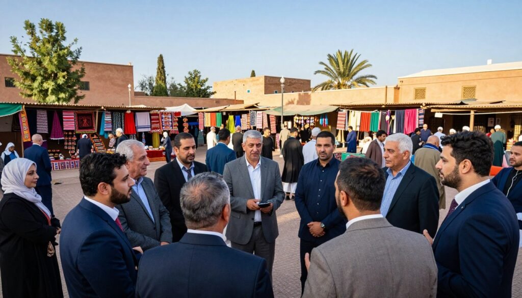 A vibrant community gathering in Morocco showcasing engagement and collaboration. In the foreground, a diverse group of individuals, including men and women in professional business attire, discuss ideas energetically. The middle ground features a colorful market scene with local artisans displaying crafts and products, surrounded by community members interacting and sharing stories. The background reveals a traditional Moroccan landscape, complete with historic architecture and lush greenery under a clear blue sky. Soft, warm lighting creates an inviting atmosphere, enhancing the sense of unity and cooperation. The camera angle is slightly elevated, providing a panoramic view of the bustling scene, emphasizing the spirit of community involvement and connection. A vibrant community gathering in Morocco showcasing engagement and collaboration. In the foreground, a diverse group of individuals, including men and women in professional business attire, discuss ideas energetically. The middle ground features a colorful market scene with local artisans displaying crafts and products, surrounded by community members interacting and sharing stories. The background reveals a traditional Moroccan landscape, complete with historic architecture and lush greenery under a clear blue sky. Soft, warm lighting creates an inviting atmosphere, enhancing the sense of unity and cooperation. The camera angle is slightly elevated, providing a panoramic view of the bustling scene, emphasizing the spirit of community involvement and connection.