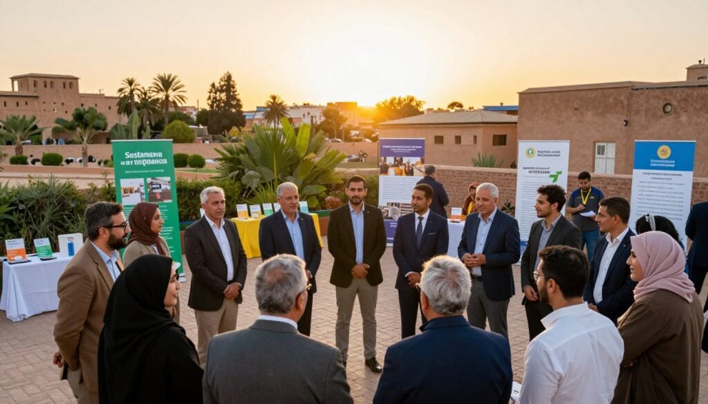 A vibrant community gathering in a Moroccan setting showcases local initiatives and participatory democracy. In the foreground, a diverse group of individuals, dressed in professional business attire and modest casual clothing, engages in discussions while sharing ideas and resources. The middle ground features colorful booths displaying various local projects, with banners promoting sustainable practices and democracy. The background reveals a picturesque Moroccan landscape, complete with traditional architecture and lush greenery, under a warm, golden sunset that creates an inspiring, hopeful atmosphere. The image captures a sense of collaboration and community spirit, reflecting the theme of effective local experiences and initiatives. Soft, natural lighting enhances the warm and inviting mood, emphasizing the positive energy of the gathering. A vibrant community gathering in a Moroccan setting showcases local initiatives and participatory democracy. In the foreground, a diverse group of individuals, dressed in professional business attire and modest casual clothing, engages in discussions while sharing ideas and resources. The middle ground features colorful booths displaying various local projects, with banners promoting sustainable practices and democracy. The background reveals a picturesque Moroccan landscape, complete with traditional architecture and lush greenery, under a warm, golden sunset that creates an inspiring, hopeful atmosphere. The image captures a sense of collaboration and community spirit, reflecting the theme of effective local experiences and initiatives. Soft, natural lighting enhances the warm and inviting mood, emphasizing the positive energy of the gathering.