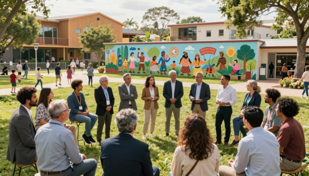 A vibrant community gathering in a sunny park, showcasing diversity and collaboration. In the foreground, a group of people in professional business attire and modest casual clothing are engaged in discussions, exchanging ideas and brainstorming. In the middle, a large community mural depicting various local cultures and values serves as a backdrop to the collaboration. The background features a mix of sustainable buildings, greenery, and public spaces where families and children play. Soft, warm sunlight filters through the trees, creating an inviting atmosphere. The scene is captured from a slightly elevated angle to emphasize the engagement and cooperation among community members, highlighting the essence of resilient community-building through collective efforts. A vibrant community gathering in a sunny park, showcasing diversity and collaboration. In the foreground, a group of people in professional business attire and modest casual clothing are engaged in discussions, exchanging ideas and brainstorming. In the middle, a large community mural depicting various local cultures and values serves as a backdrop to the collaboration. The background features a mix of sustainable buildings, greenery, and public spaces where families and children play. Soft, warm sunlight filters through the trees, creating an inviting atmosphere. The scene is captured from a slightly elevated angle to emphasize the engagement and cooperation among community members, highlighting the essence of resilient community-building through collective efforts.
