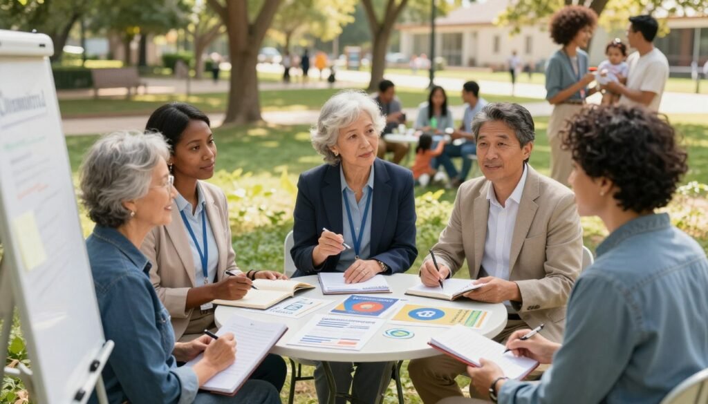 A vibrant community gathering scene depicting diverse individuals engaged in practical steps for community involvement. In the foreground, three adults of varying ages, dressed in professional and modest casual attire, are actively brainstorming ideas, with notebooks and a whiteboard. The middle layer shows a small round table with pamphlets and flyers about local initiatives, emphasizing organization and planning. The background features a sunny park setting, with trees and families enjoying the day, symbolizing community spirit. Soft, warm lighting enhances the welcoming atmosphere, and a slightly elevated angle captures the interaction and energy among participants, conveying empowerment and collaboration. The overall mood is inspirational and motivating, reflecting a committed community coming together to make a difference. A vibrant community gathering scene depicting diverse individuals engaged in practical steps for community involvement. In the foreground, three adults of varying ages, dressed in professional and modest casual attire, are actively brainstorming ideas, with notebooks and a whiteboard. The middle layer shows a small round table with pamphlets and flyers about local initiatives, emphasizing organization and planning. The background features a sunny park setting, with trees and families enjoying the day, symbolizing community spirit. Soft, warm lighting enhances the welcoming atmosphere, and a slightly elevated angle captures the interaction and energy among participants, conveying empowerment and collaboration. The overall mood is inspirational and motivating, reflecting a committed community coming together to make a difference.