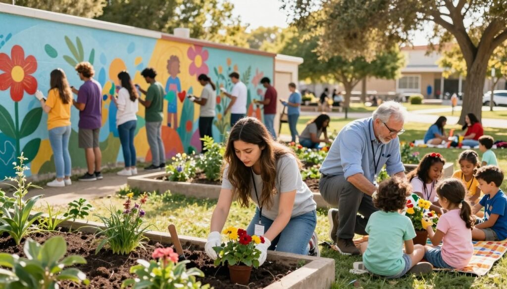 A vibrant community gathering scene, featuring a diverse group of individuals engaged in various volunteering activities. In the foreground, a young woman in modest casual clothing is planting flowers in a community garden, while an older man in a professional shirt assists local children with a fun educational activity. In the middle ground, a group of people is painting a mural on a large wall, showcasing themes of unity and support. The background includes a bright, sunny park setting with trees and families enjoying a picnic. The lighting is warm and inviting, with soft shadows creating a friendly atmosphere. Use a wide-angle lens to capture the dynamic interactions among the volunteers, highlighting the spirit of community involvement and collaboration. A vibrant community gathering scene, featuring a diverse group of individuals engaged in various volunteering activities. In the foreground, a young woman in modest casual clothing is planting flowers in a community garden, while an older man in a professional shirt assists local children with a fun educational activity. In the middle ground, a group of people is painting a mural on a large wall, showcasing themes of unity and support. The background includes a bright, sunny park setting with trees and families enjoying a picnic. The lighting is warm and inviting, with soft shadows creating a friendly atmosphere. Use a wide-angle lens to capture the dynamic interactions among the volunteers, highlighting the spirit of community involvement and collaboration.