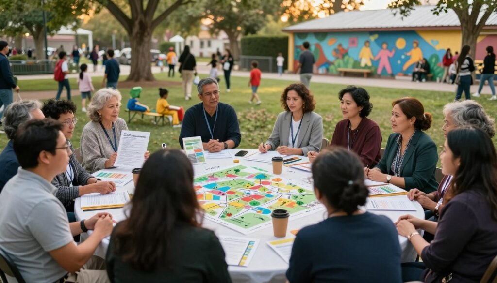 A vibrant community gathering showcasing asset-based community development techniques. In the foreground, a diverse group of individuals, dressed in professional and modest casual attire, are actively engaged in discussions and collaborative activities, highlighting teamwork and local resources. In the middle ground, tables are set up with charts, maps, and various community assets like gardens, local crafts, and informational brochures. The background features a lively park scene with trees, children playing, and murals depicting community pride. Soft, warm lighting enhances the inviting atmosphere, with a slightly blurred focus conveying a sense of movement and activity, encapsulating empowerment and collaboration in the community setting. A vibrant community gathering showcasing asset-based community development techniques. In the foreground, a diverse group of individuals, dressed in professional and modest casual attire, are actively engaged in discussions and collaborative activities, highlighting teamwork and local resources. In the middle ground, tables are set up with charts, maps, and various community assets like gardens, local crafts, and informational brochures. The background features a lively park scene with trees, children playing, and murals depicting community pride. Soft, warm lighting enhances the inviting atmosphere, with a slightly blurred focus conveying a sense of movement and activity, encapsulating empowerment and collaboration in the community setting.
