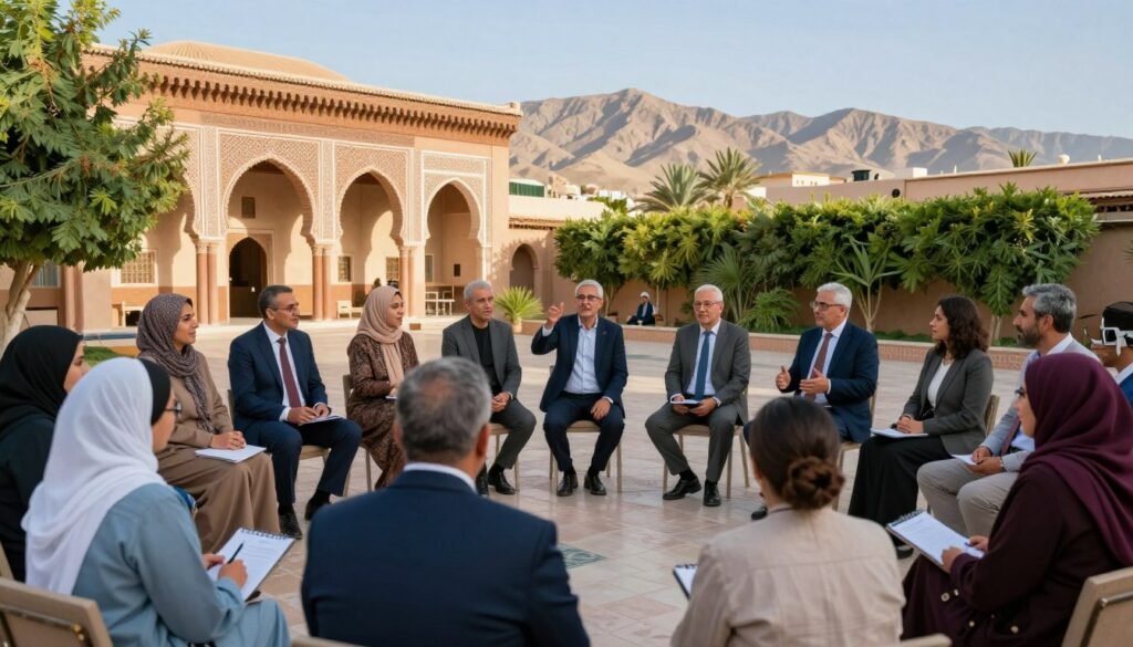 A vibrant community meeting in a Moroccan setting, showcasing diverse individuals engaged in open discussions about participatory democracy. In the foreground, a group of both men and women dressed in professional business attire and modest casual clothing, actively exchanging ideas, some holding notes and others gesturing passionately. The middle ground features a traditional Moroccan building with intricate architecture, symbolizing cultural heritage and inclusivity. In the background, lush greenery and the outline of the Atlas Mountains under a clear blue sky, creating a hopeful atmosphere. Soft, warm lighting enhances the scene, conveying a sense of collaboration and community spirit, while a wide-angle lens captures the dynamic interaction among participants. A vibrant community meeting in a Moroccan setting, showcasing diverse individuals engaged in open discussions about participatory democracy. In the foreground, a group of both men and women dressed in professional business attire and modest casual clothing, actively exchanging ideas, some holding notes and others gesturing passionately. The middle ground features a traditional Moroccan building with intricate architecture, symbolizing cultural heritage and inclusivity. In the background, lush greenery and the outline of the Atlas Mountains under a clear blue sky, creating a hopeful atmosphere. Soft, warm lighting enhances the scene, conveying a sense of collaboration and community spirit, while a wide-angle lens captures the dynamic interaction among participants.