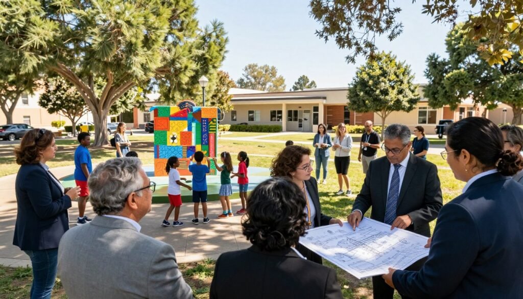 A vibrant community meeting in a public park during daytime, with diverse citizens engaged in conversation and collaboration. In the foreground, a group of individuals in professional business attire discusses plans over a large blueprint, showcasing their enthusiasm for community change. In the middle ground, children play joyfully, interacting with a community art installation that promotes local culture and unity. The background features trees and a community center, symbolizing a hub for public services, under a clear blue sky with soft sunlight filtering through the leaves. The overall atmosphere is one of optimism and collaboration, reflecting hope and engagement in enhancing the quality of life for all residents. Use a wide-angle lens to capture the entire scene, emphasizing a welcoming community spirit. A vibrant community meeting in a public park during daytime, with diverse citizens engaged in conversation and collaboration. In the foreground, a group of individuals in professional business attire discusses plans over a large blueprint, showcasing their enthusiasm for community change. In the middle ground, children play joyfully, interacting with a community art installation that promotes local culture and unity. The background features trees and a community center, symbolizing a hub for public services, under a clear blue sky with soft sunlight filtering through the leaves. The overall atmosphere is one of optimism and collaboration, reflecting hope and engagement in enhancing the quality of life for all residents. Use a wide-angle lens to capture the entire scene, emphasizing a welcoming community spirit.