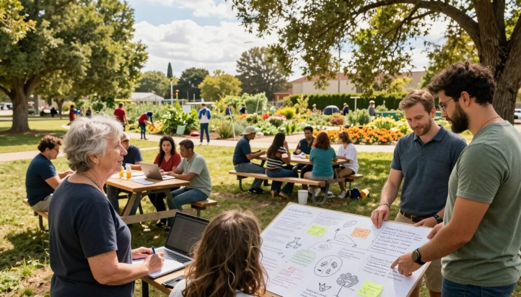 A vibrant community meeting in an outdoor park setting, surrounded by green trees and colorful flowers. In the foreground, a diverse group of people, including an older woman, a middle-aged man, and a young couple, are brainstorming around a large poster board filled with handwritten ideas. The middle ground features picnic tables where small groups of individuals engage in discussions, some taking notes on laptops. In the background, a sunny sky with a few fluffy clouds, and a community garden with locals tending to plants. Soft, warm lighting evokes a sense of collaboration and positivity. The atmosphere is dynamic and focused, capturing the essence of community engagement and local solutions for improvement. A vibrant community meeting in an outdoor park setting, surrounded by green trees and colorful flowers. In the foreground, a diverse group of people, including an older woman, a middle-aged man, and a young couple, are brainstorming around a large poster board filled with handwritten ideas. The middle ground features picnic tables where small groups of individuals engage in discussions, some taking notes on laptops. In the background, a sunny sky with a few fluffy clouds, and a community garden with locals tending to plants. Soft, warm lighting evokes a sense of collaboration and positivity. The atmosphere is dynamic and focused, capturing the essence of community engagement and local solutions for improvement.