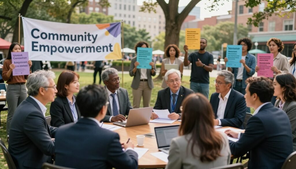 A vibrant community meeting in an urban park setting, showcasing diverse individuals engaged in discussion and collaboration. In the foreground, a group of people of varying ages and ethnicities, dressed in professional business attire, are sharing ideas around a wooden table full of documents and laptops. In the middle ground, a large banner displays "Community Empowerment" fluttering in the breeze, while others hold up colorful posters advocating for their causes. The background features city buildings and greenery, symbolizing growth and unity. Soft, warm natural lighting creates an inviting atmosphere, while an angle from slightly above captures the energy and enthusiasm of the gathering, reflecting a sense of empowerment and collective action in their expressions. A vibrant community meeting in an urban park setting, showcasing diverse individuals engaged in discussion and collaboration. In the foreground, a group of people of varying ages and ethnicities, dressed in professional business attire, are sharing ideas around a wooden table full of documents and laptops. In the middle ground, a large banner displays "Community Empowerment" fluttering in the breeze, while others hold up colorful posters advocating for their causes. The background features city buildings and greenery, symbolizing growth and unity. Soft, warm natural lighting creates an inviting atmosphere, while an angle from slightly above captures the energy and enthusiasm of the gathering, reflecting a sense of empowerment and collective action in their expressions.