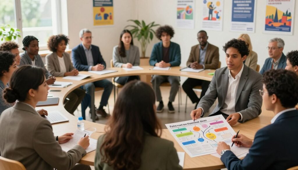 A vibrant community meeting scene depicting a diverse group of engaged citizens discussing strategies for participation. In the foreground, a diverse panel of people in professional attire actively engages with a colorful chart displaying practical strategies. In the middle, participants from various backgrounds are seated around a round table, exchanging ideas with enthusiasm. The background features a warm, bright room filled with motivational posters and greenery visible through large windows, indicating a welcoming atmosphere. Soft, natural lighting filters in, creating a sense of openness and collaboration. The overall mood is empowering and inspiring, emphasizing citizen involvement and proactive engagement in community affairs. A vibrant community meeting scene depicting a diverse group of engaged citizens discussing strategies for participation. In the foreground, a diverse panel of people in professional attire actively engages with a colorful chart displaying practical strategies. In the middle, participants from various backgrounds are seated around a round table, exchanging ideas with enthusiasm. The background features a warm, bright room filled with motivational posters and greenery visible through large windows, indicating a welcoming atmosphere. Soft, natural lighting filters in, creating a sense of openness and collaboration. The overall mood is empowering and inspiring, emphasizing citizen involvement and proactive engagement in community affairs.