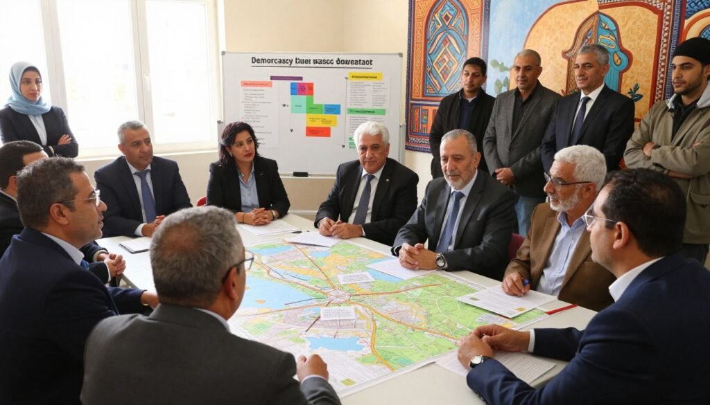 A vibrant community meeting scene depicting participatory democracy applications in Moroccan local communities. In the foreground, a diverse group of engaged citizens of various ages and backgrounds discuss ideas around a large table laden with maps and information boards. The middle area features a whiteboard with colorful charts and diagrams illustrating citizen involvement methods, while in the background, a mural celebrates local heritage. Natural light streams in through large windows, creating a warm and inviting atmosphere. The participants are dressed in professional business attire and modest clothing, exuding a sense of collaboration and commitment. Capture the mood of enthusiasm and active engagement as community members brainstorm solutions for local issues, with a focus on empowerment and inclusivity. A vibrant community meeting scene depicting participatory democracy applications in Moroccan local communities. In the foreground, a diverse group of engaged citizens of various ages and backgrounds discuss ideas around a large table laden with maps and information boards. The middle area features a whiteboard with colorful charts and diagrams illustrating citizen involvement methods, while in the background, a mural celebrates local heritage. Natural light streams in through large windows, creating a warm and inviting atmosphere. The participants are dressed in professional business attire and modest clothing, exuding a sense of collaboration and commitment. Capture the mood of enthusiasm and active engagement as community members brainstorm solutions for local issues, with a focus on empowerment and inclusivity.