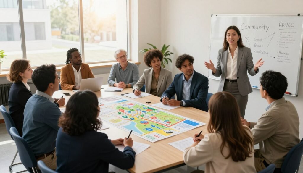 A vibrant community meeting scene in a local government building, showcasing diverse individuals engaged in discussion and collaboration. In the foreground, a well-dressed female community leader gestures as she presents ideas on a whiteboard, while a group of attentive citizens sit around a table, representing various ethnicities and ages, dressed in business casual attire. The middle ground features maps and project proposals spread out on the table, symbolizing planning and empowerment. In the background, large windows let in warm, natural light, illuminating the space and creating an optimistic atmosphere. Capture the essence of community involvement and empowerment, focusing on a sense of unity and purpose within the local governance framework. Use a slightly elevated angle to give a comprehensive view of the gathering and its dynamic interaction. A vibrant community meeting scene in a local government building, showcasing diverse individuals engaged in discussion and collaboration. In the foreground, a well-dressed female community leader gestures as she presents ideas on a whiteboard, while a group of attentive citizens sit around a table, representing various ethnicities and ages, dressed in business casual attire. The middle ground features maps and project proposals spread out on the table, symbolizing planning and empowerment. In the background, large windows let in warm, natural light, illuminating the space and creating an optimistic atmosphere. Capture the essence of community involvement and empowerment, focusing on a sense of unity and purpose within the local governance framework. Use a slightly elevated angle to give a comprehensive view of the gathering and its dynamic interaction.