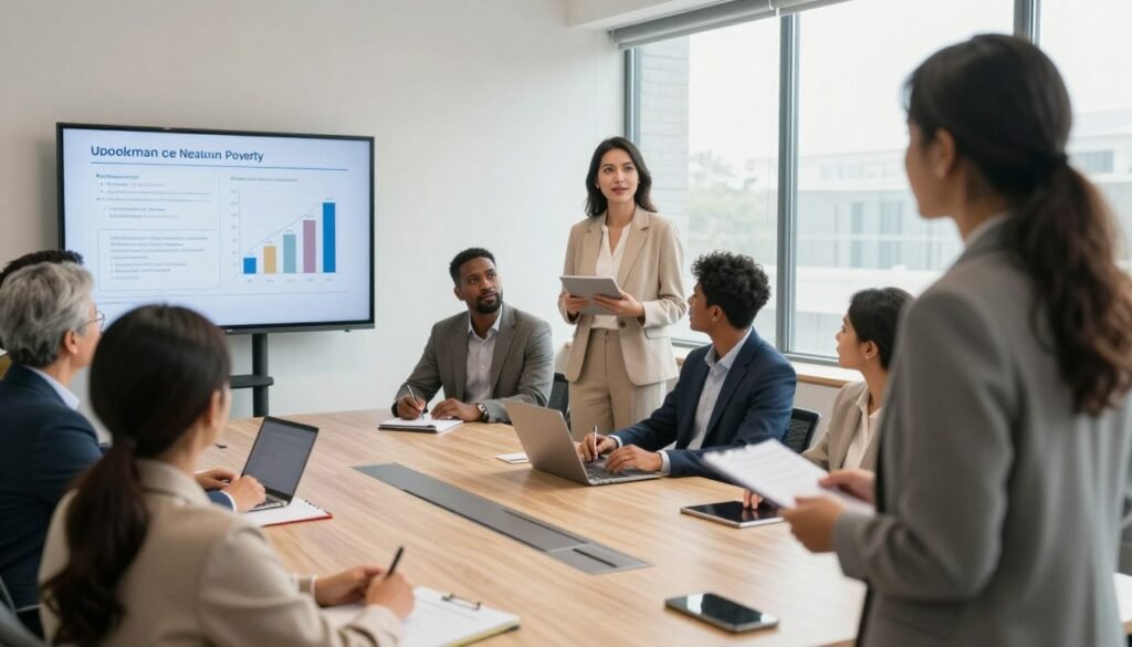 A vibrant community meeting set in a bright and modern conference room, showcasing diverse individuals of various ethnicities engaged in a discussion about strategies to combat unemployment and poverty. In the foreground, a professional woman presenting data on a large screen, highlighting graphs and community initiatives. In the middle ground, a group of individuals taking notes and sharing ideas, dressed in professional business attire, displaying a sense of collaboration and optimism. The background features large windows letting in natural light, symbolizing hope and transparency. The atmosphere is focused yet encouraging, with warm lighting that creates an inviting space for dialogue and teamwork. Capture the energy of community-driven solutions with dynamic compositions. A vibrant community meeting set in a bright and modern conference room, showcasing diverse individuals of various ethnicities engaged in a discussion about strategies to combat unemployment and poverty. In the foreground, a professional woman presenting data on a large screen, highlighting graphs and community initiatives. In the middle ground, a group of individuals taking notes and sharing ideas, dressed in professional business attire, displaying a sense of collaboration and optimism. The background features large windows letting in natural light, symbolizing hope and transparency. The atmosphere is focused yet encouraging, with warm lighting that creates an inviting space for dialogue and teamwork. Capture the energy of community-driven solutions with dynamic compositions.