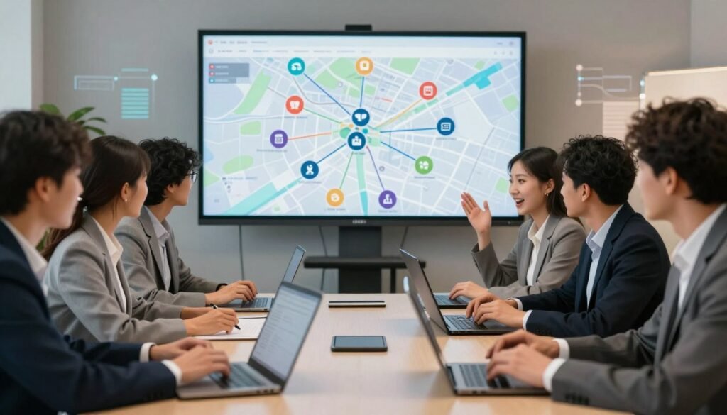 A vibrant community meeting taking place online, showcasing diverse individuals engaged in digital volunteering. In the foreground, a group of professionals in business attire actively interacting via laptops and tablets, expressing enthusiasm and collaboration. The middle ground features a large screen displaying a digital map with icons representing various community projects, symbolizing their engagement. In the background, soft lighting creates an inviting atmosphere, with abstract visuals representing data flow and connectivity. The mood is one of empowerment and innovation, highlighting the importance of digital participation in community development. The composition captures a sense of unity and proactive involvement, evoking a modern, tech-savvy community spirit. A vibrant community meeting taking place online, showcasing diverse individuals engaged in digital volunteering. In the foreground, a group of professionals in business attire actively interacting via laptops and tablets, expressing enthusiasm and collaboration. The middle ground features a large screen displaying a digital map with icons representing various community projects, symbolizing their engagement. In the background, soft lighting creates an inviting atmosphere, with abstract visuals representing data flow and connectivity. The mood is one of empowerment and innovation, highlighting the importance of digital participation in community development. The composition captures a sense of unity and proactive involvement, evoking a modern, tech-savvy community spirit.