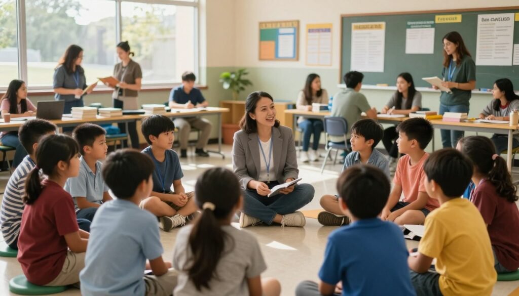 A vibrant community scene depicting a truancy intervention program in action. In the foreground, a diverse group of children and a mentor engage in a lively discussion, all wearing professional casual attire. The middle ground features a supportive atmosphere with volunteers and professionals collaborating, surrounded by educational materials such as books and posters about attendance. In the background, a welcoming school building with large windows symbolizes an open and inviting environment. Soft, warm natural lighting streams in through the windows, creating a hopeful atmosphere. The image captures a sense of community unity and support, highlighting the importance of school attendance in a positive, nurturing context. A vibrant community scene depicting a truancy intervention program in action. In the foreground, a diverse group of children and a mentor engage in a lively discussion, all wearing professional casual attire. The middle ground features a supportive atmosphere with volunteers and professionals collaborating, surrounded by educational materials such as books and posters about attendance. In the background, a welcoming school building with large windows symbolizes an open and inviting environment. Soft, warm natural lighting streams in through the windows, creating a hopeful atmosphere. The image captures a sense of community unity and support, highlighting the importance of school attendance in a positive, nurturing context.