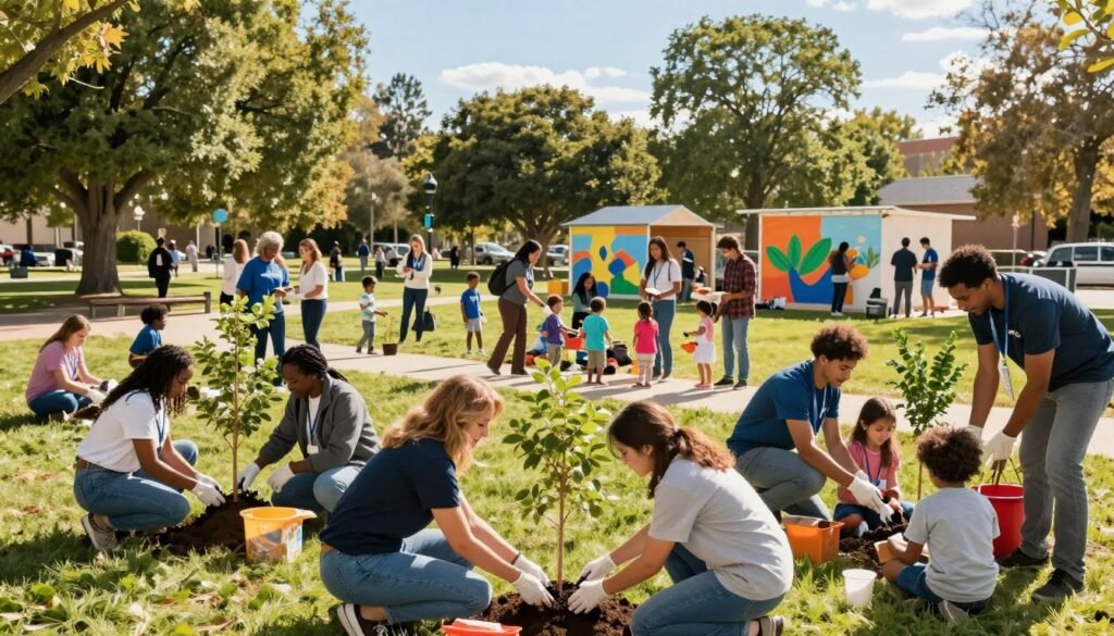 A vibrant community scene depicting the impact of volunteer work on individual and societal development. In the foreground, a diverse group of people in professional business attire and modest casual clothing, engaged in various volunteering activities, such as planting trees, distributing food, and tutoring children. In the middle ground, a welcoming park setting filled with families enjoying their time, showcasing a mix of cultural backgrounds and ages, while small community projects, like murals being painted, add to the sense of collaboration. The background features a clear blue sky with soft sunlight filtering through the trees, creating a warm and uplifting atmosphere. Use a wide-angle lens to capture the sense of community spirit and interconnectedness, emphasizing the positive effects of volunteering on personal growth and community enhancement. A vibrant community scene depicting the impact of volunteer work on individual and societal development. In the foreground, a diverse group of people in professional business attire and modest casual clothing, engaged in various volunteering activities, such as planting trees, distributing food, and tutoring children. In the middle ground, a welcoming park setting filled with families enjoying their time, showcasing a mix of cultural backgrounds and ages, while small community projects, like murals being painted, add to the sense of collaboration. The background features a clear blue sky with soft sunlight filtering through the trees, creating a warm and uplifting atmosphere. Use a wide-angle lens to capture the sense of community spirit and interconnectedness, emphasizing the positive effects of volunteering on personal growth and community enhancement.