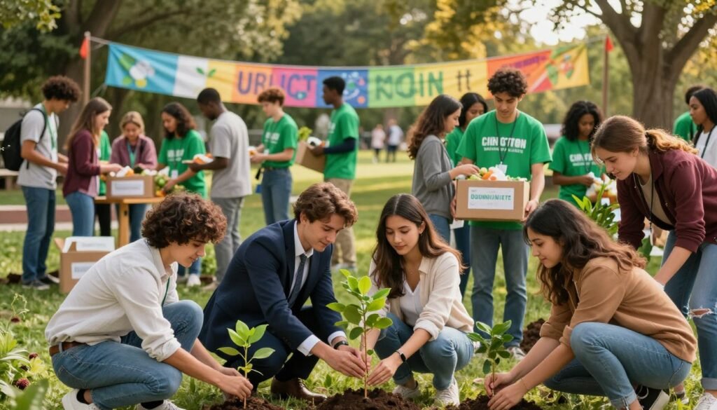 A vibrant community scene depicting young adults actively engaged in various community service activities. In the foreground, a diverse group of youth—some wearing professional business attire and others in modest casual clothing—are planting trees together, symbolizing growth and environmental responsibility. In the middle ground, volunteers are seen organizing food donations and interacting with local families, emphasizing collaboration and support. The background features a warmly lit park setting, where more groups gather, with colorful banners promoting community unity fluttering in the gentle breeze. The lighting is soft and inviting, conveying a sense of hope and positivity. The overall mood is one of teamwork, enthusiasm, and a shared commitment to community development. The composition should capture the essence of youth involvement and its significant impact on societal improvement. A vibrant community scene depicting young adults actively engaged in various community service activities. In the foreground, a diverse group of youth—some wearing professional business attire and others in modest casual clothing—are planting trees together, symbolizing growth and environmental responsibility. In the middle ground, volunteers are seen organizing food donations and interacting with local families, emphasizing collaboration and support. The background features a warmly lit park setting, where more groups gather, with colorful banners promoting community unity fluttering in the gentle breeze. The lighting is soft and inviting, conveying a sense of hope and positivity. The overall mood is one of teamwork, enthusiasm, and a shared commitment to community development. The composition should capture the essence of youth involvement and its significant impact on societal improvement.