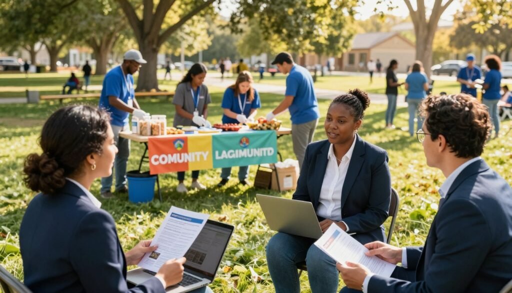 A vibrant community scene showcasing diverse local organizations working together to provide critical services. In the foreground, a group of three individuals in professional attire engages in a discussion, holding brochures and laptops, representing a community meeting. In the middle, volunteers assist community members, offering food, medical advice, and educational resources at tables adorned with colorful banners. The background features a bright sunlit park setting, filled with trees and people enjoying the space, symbolizing harmony and engagement. The atmosphere is uplifting and collaborative, with warm golden hour lighting enhancing the feeling of hope and empowerment, captured from a slightly elevated angle to encompass the dynamic interaction below. A vibrant community scene showcasing diverse local organizations working together to provide critical services. In the foreground, a group of three individuals in professional attire engages in a discussion, holding brochures and laptops, representing a community meeting. In the middle, volunteers assist community members, offering food, medical advice, and educational resources at tables adorned with colorful banners. The background features a bright sunlit park setting, filled with trees and people enjoying the space, symbolizing harmony and engagement. The atmosphere is uplifting and collaborative, with warm golden hour lighting enhancing the feeling of hope and empowerment, captured from a slightly elevated angle to encompass the dynamic interaction below.