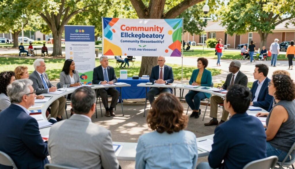 A vibrant community scene showcasing effective civil engagement activities. In the foreground, a diverse group of individuals—men and women of various ages and ethnicities—are actively participating in a town hall meeting, discussing community issues. They are dressed in professional business attire and modest casual clothing, exuding a sense of confidence and purpose. In the middle ground, a colorful banner is displayed emphasizing community collaboration and civic responsibility, surrounded by tables offering information about local initiatives. The background features a sunny park setting, with trees and families enjoying the day, symbolizing unity and active participation. The lighting is bright and natural, creating an inviting atmosphere, captured from a slightly elevated angle to provide an overview of the scene, conveying the vibrancy and enthusiasm of civil involvement. A vibrant community scene showcasing effective civil engagement activities. In the foreground, a diverse group of individuals—men and women of various ages and ethnicities—are actively participating in a town hall meeting, discussing community issues. They are dressed in professional business attire and modest casual clothing, exuding a sense of confidence and purpose. In the middle ground, a colorful banner is displayed emphasizing community collaboration and civic responsibility, surrounded by tables offering information about local initiatives. The background features a sunny park setting, with trees and families enjoying the day, symbolizing unity and active participation. The lighting is bright and natural, creating an inviting atmosphere, captured from a slightly elevated angle to provide an overview of the scene, conveying the vibrancy and enthusiasm of civil involvement.