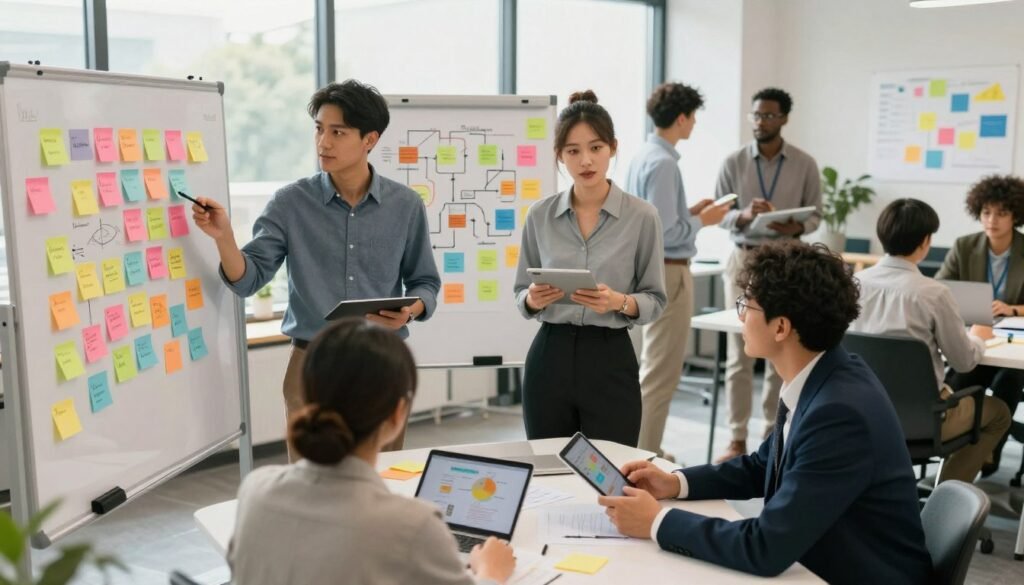 A vibrant, creative workspace filled with diverse individuals collaborating on innovative problem-solving strategies. In the foreground, a group of three professionals, dressed in smart business attire, are engaged in a brainstorming session, surrounded by colorful sticky notes, whiteboards, and tablets. In the middle ground, various visual aids like flowcharts and diagrams illustrate different creative solution methodologies. The background features a bright and airy office environment with large windows allowing natural light to pour in, creating a warm and inspiring atmosphere. The lighting is soft yet dynamic, enhancing the collaborative mood. The camera angle is slightly elevated, capturing the energy of teamwork and the excitement of discovering creative solutions. A vibrant, creative workspace filled with diverse individuals collaborating on innovative problem-solving strategies. In the foreground, a group of three professionals, dressed in smart business attire, are engaged in a brainstorming session, surrounded by colorful sticky notes, whiteboards, and tablets. In the middle ground, various visual aids like flowcharts and diagrams illustrate different creative solution methodologies. The background features a bright and airy office environment with large windows allowing natural light to pour in, creating a warm and inspiring atmosphere. The lighting is soft yet dynamic, enhancing the collaborative mood. The camera angle is slightly elevated, capturing the energy of teamwork and the excitement of discovering creative solutions.