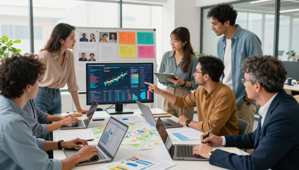A vibrant, data-driven community change analysis scene showcasing a diverse group of professionals collaborating around a large table filled with laptops, charts, and digital maps. In the foreground, a woman in smart casual attire points at an interactive data visualization on a screen, while a middle-aged man in a suit takes notes. The middle section features colorful infographics and community member photos pinned on a board, symbolizing local engagement and dynamism. The background captures a bright, open office space with large windows, allowing natural light to flood in, creating a warm and inspiring atmosphere. The overall mood is one of innovation and teamwork, emphasizing the power of data in driving community solutions, with a focus on collaboration and empowerment. A vibrant, data-driven community change analysis scene showcasing a diverse group of professionals collaborating around a large table filled with laptops, charts, and digital maps. In the foreground, a woman in smart casual attire points at an interactive data visualization on a screen, while a middle-aged man in a suit takes notes. The middle section features colorful infographics and community member photos pinned on a board, symbolizing local engagement and dynamism. The background captures a bright, open office space with large windows, allowing natural light to flood in, creating a warm and inspiring atmosphere. The overall mood is one of innovation and teamwork, emphasizing the power of data in driving community solutions, with a focus on collaboration and empowerment.