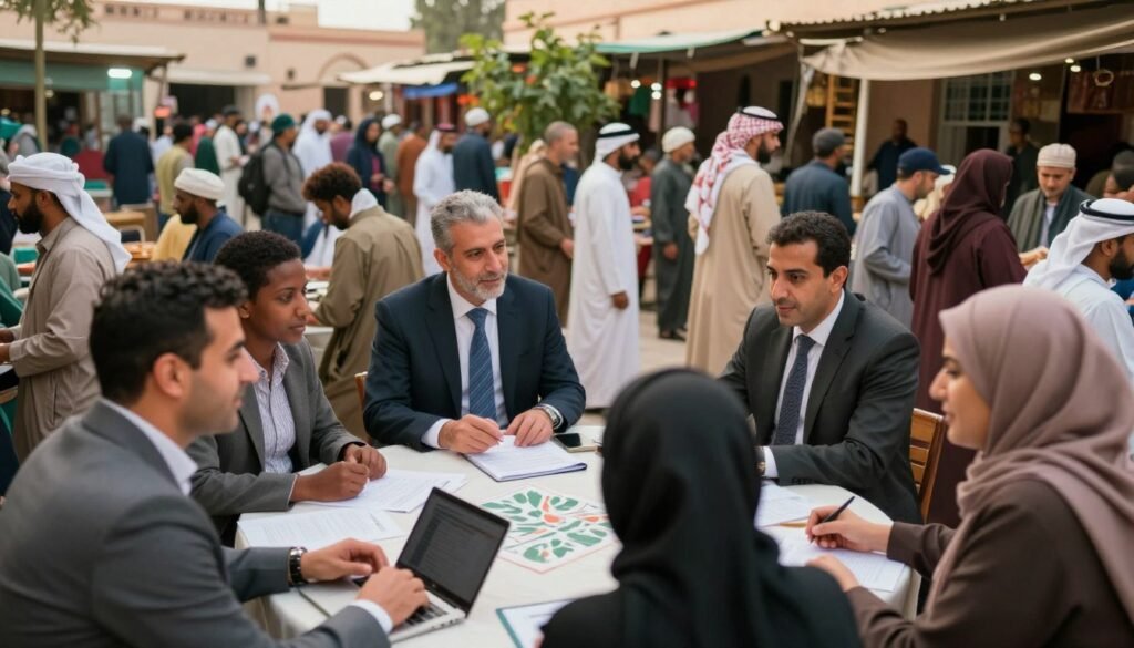 A vibrant depiction of civil society in Morocco, showcasing a diverse group of individuals engaged in community discussions and planning. In the foreground, a mix of men and women in professional business attire and modest casual clothing, collaborating around a table filled with documents and digital devices. In the middle ground, local community members are depicted in a bustling marketplace, symbolizing grassroots involvement. The background features Moroccan architecture and greenery, representing cultural heritage and environmental awareness. Soft, warm lighting creates an optimistic atmosphere, emphasizing collaboration and dialogue. The angle should be slightly elevated to capture the interaction between people, conveying a sense of unity and shared purpose in fostering democratic development. A vibrant depiction of civil society in Morocco, showcasing a diverse group of individuals engaged in community discussions and planning. In the foreground, a mix of men and women in professional business attire and modest casual clothing, collaborating around a table filled with documents and digital devices. In the middle ground, local community members are depicted in a bustling marketplace, symbolizing grassroots involvement. The background features Moroccan architecture and greenery, representing cultural heritage and environmental awareness. Soft, warm lighting creates an optimistic atmosphere, emphasizing collaboration and dialogue. The angle should be slightly elevated to capture the interaction between people, conveying a sense of unity and shared purpose in fostering democratic development.