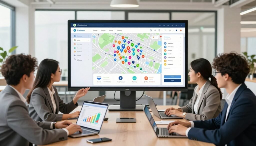 A vibrant digital workspace illustrating a community engagement platform. In the foreground, show a diverse group of professionals in business attire, collaborating over laptops and tablets, with animated charts and community-related data displayed on their screens. In the middle ground, depict a large digital touch screen showcasing an interactive map of the community with user-friendly navigation options and icons for local services and events. The background features a modern office space with large windows, allowing natural light to fill the area, enhancing a warm and inviting atmosphere. Use bright, cheerful colors to convey a sense of positivity and collaboration, evoking the spirit of community empowerment through technology. A vibrant digital workspace illustrating a community engagement platform. In the foreground, show a diverse group of professionals in business attire, collaborating over laptops and tablets, with animated charts and community-related data displayed on their screens. In the middle ground, depict a large digital touch screen showcasing an interactive map of the community with user-friendly navigation options and icons for local services and events. The background features a modern office space with large windows, allowing natural light to fill the area, enhancing a warm and inviting atmosphere. Use bright, cheerful colors to convey a sense of positivity and collaboration, evoking the spirit of community empowerment through technology.