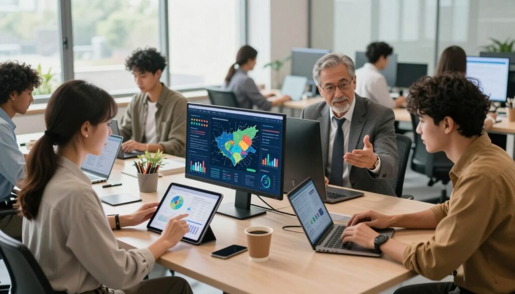 A vibrant digital workspace showcasing a diverse group of citizens engaging with various digital platforms on their devices. In the foreground, a young woman in modest casual attire analyzes data on a tablet, while an older man in professional clothing discusses ideas with a young man using a laptop. In the middle ground, a digital screen displays infographics and interactive maps, representing community engagement and innovation. The background features a bright, modern office space with large windows illuminating the scene with natural light, creating a welcoming atmosphere. The image should convey a sense of collaboration, empowerment, and technology-driven solutions, using a slightly elevated angle to emphasize the digital platforms. A vibrant digital workspace showcasing a diverse group of citizens engaging with various digital platforms on their devices. In the foreground, a young woman in modest casual attire analyzes data on a tablet, while an older man in professional clothing discusses ideas with a young man using a laptop. In the middle ground, a digital screen displays infographics and interactive maps, representing community engagement and innovation. The background features a bright, modern office space with large windows illuminating the scene with natural light, creating a welcoming atmosphere. The image should convey a sense of collaboration, empowerment, and technology-driven solutions, using a slightly elevated angle to emphasize the digital platforms.
