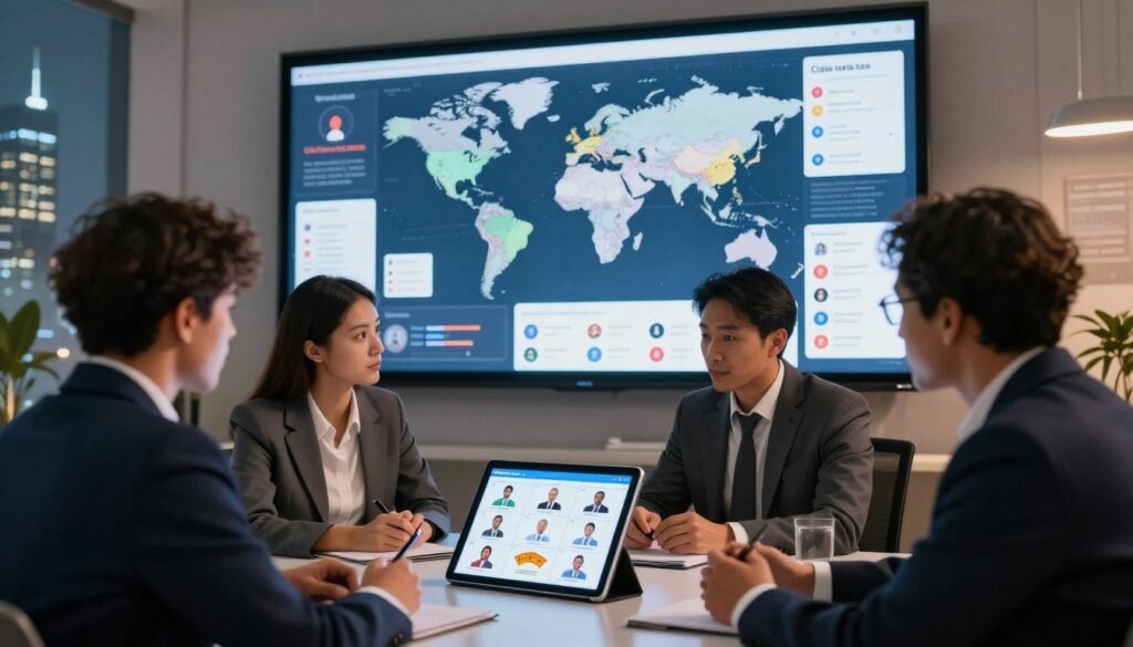 A vibrant, dynamic scene illustrating global models of digital democracy. In the foreground, a diverse group of professionals in business attire, engaged in discussion around a digital tablet displaying various democratic models. The middle ground features a large screen showing interactive global maps, social media interfaces, and voting platforms. The background includes a modern cityscape with technology and innovation elements, symbolizing progress. Soft, ambient lighting creates an optimistic atmosphere, with a warm color palette to convey hope. The perspective is slightly angled to enhance depth, focusing on collaboration and technological advancement in democracy. A vibrant, dynamic scene illustrating global models of digital democracy. In the foreground, a diverse group of professionals in business attire, engaged in discussion around a digital tablet displaying various democratic models. The middle ground features a large screen showing interactive global maps, social media interfaces, and voting platforms. The background includes a modern cityscape with technology and innovation elements, symbolizing progress. Soft, ambient lighting creates an optimistic atmosphere, with a warm color palette to convey hope. The perspective is slightly angled to enhance depth, focusing on collaboration and technological advancement in democracy.