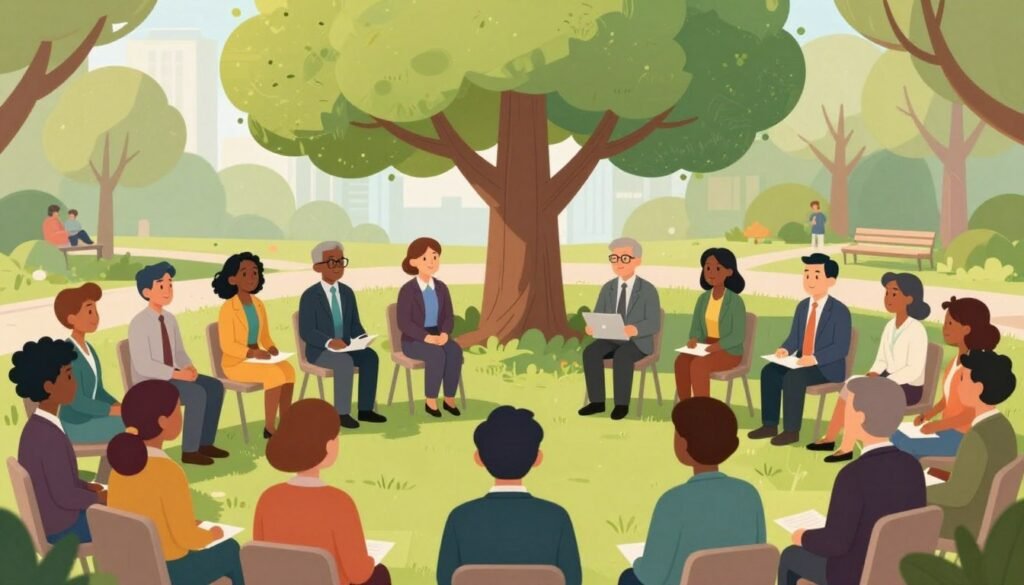 A vibrant, engaging illustration representing the essence of participatory democracy in a community setting. In the foreground, a diverse group of individuals from various backgrounds is gathered in a circular discussion, wearing professional business attire, symbolizing inclusivity and collaboration. The middle ground features a tree with branches extending outward, representing the growth and interconnectedness of ideas. The background includes a serene park scene with soft, natural lighting, highlighting an inviting atmosphere of dialogue and unity. Use a wide-angle lens to capture the communal spirit, emphasizing openness and engagement. The overall mood is optimistic and hopeful, illustrating the significance of participatory democracy in fostering social cohesion and community development. A vibrant, engaging illustration representing the essence of participatory democracy in a community setting. In the foreground, a diverse group of individuals from various backgrounds is gathered in a circular discussion, wearing professional business attire, symbolizing inclusivity and collaboration. The middle ground features a tree with branches extending outward, representing the growth and interconnectedness of ideas. The background includes a serene park scene with soft, natural lighting, highlighting an inviting atmosphere of dialogue and unity. Use a wide-angle lens to capture the communal spirit, emphasizing openness and engagement. The overall mood is optimistic and hopeful, illustrating the significance of participatory democracy in fostering social cohesion and community development.