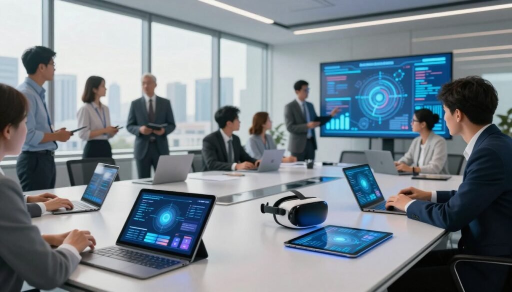 A vibrant, futuristic office environment showcasing tools and technologies that empower government transformation. In the foreground, sleek digital tablets, augmented reality glasses, and interactive touchscreen displays are arranged on a modern conference table. The middle ground features professionals in business attire engaged in discussions, analyzing data on holographic displays, showcasing collaboration and innovation. The background reveals a large window with a panoramic cityscape illuminated by daylight, emphasizing growth and progress. Soft, natural lighting illuminates the space, creating a motivational atmosphere. The angle is slightly elevated, providing a comprehensive view of the scene, while maintaining a focus on technology and teamwork. The overall mood is dynamic, inspiring, and forward-thinking, symbolizing public sector innovation. A vibrant, futuristic office environment showcasing tools and technologies that empower government transformation. In the foreground, sleek digital tablets, augmented reality glasses, and interactive touchscreen displays are arranged on a modern conference table. The middle ground features professionals in business attire engaged in discussions, analyzing data on holographic displays, showcasing collaboration and innovation. The background reveals a large window with a panoramic cityscape illuminated by daylight, emphasizing growth and progress. Soft, natural lighting illuminates the space, creating a motivational atmosphere. The angle is slightly elevated, providing a comprehensive view of the scene, while maintaining a focus on technology and teamwork. The overall mood is dynamic, inspiring, and forward-thinking, symbolizing public sector innovation.