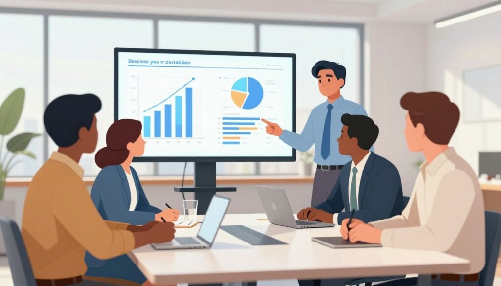 A vibrant illustration depicting the importance of participation in decision-making. In the foreground, a diverse group of four professionals—two men and two women—are engaged in a collaborative discussion around a modern conference table. They are dressed in business attire, exuding a sense of professionalism and focus. In the middle ground, a large digital screen displays graphs and charts, emphasizing data-driven decision-making. In the background, a bright office environment with large windows allows natural light to flood the space, enhancing the atmosphere of innovation and teamwork. The overall mood is positive and energetic, symbolizing empowerment, collaboration, and the collective impact of involvement in decision processes. The camera angle is slightly elevated, capturing the dynamics of the interaction. A vibrant illustration depicting the importance of participation in decision-making. In the foreground, a diverse group of four professionals—two men and two women—are engaged in a collaborative discussion around a modern conference table. They are dressed in business attire, exuding a sense of professionalism and focus. In the middle ground, a large digital screen displays graphs and charts, emphasizing data-driven decision-making. In the background, a bright office environment with large windows allows natural light to flood the space, enhancing the atmosphere of innovation and teamwork. The overall mood is positive and energetic, symbolizing empowerment, collaboration, and the collective impact of involvement in decision processes. The camera angle is slightly elevated, capturing the dynamics of the interaction.