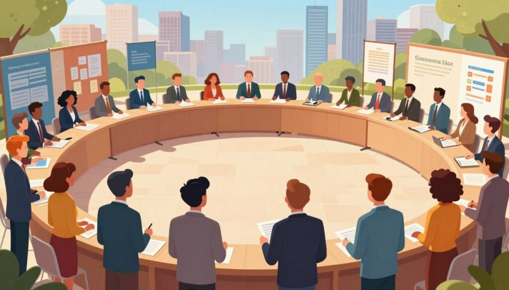 A vibrant illustration depicting the mechanisms of direct democracy. In the foreground, a diverse group of people, dressed in professional business attire, actively engaging in a public assembly, discussing and voting on important issues. The middle section features an open forum with a circular arrangement of chairs, symbolizing inclusiveness and collaboration. Various visual elements like ballots, banners, and informational charts are subtly included to emphasize civic participation. In the background, the skyline of a modern city represents the contemporary societal context. The scene is bathed in warm, natural light, creating an inviting atmosphere. A wide-angle lens captures the dynamic engagement, focusing on the enthusiastic expressions of the participants, conveying a sense of empowerment and community involvement. A vibrant illustration depicting the mechanisms of direct democracy. In the foreground, a diverse group of people, dressed in professional business attire, actively engaging in a public assembly, discussing and voting on important issues. The middle section features an open forum with a circular arrangement of chairs, symbolizing inclusiveness and collaboration. Various visual elements like ballots, banners, and informational charts are subtly included to emphasize civic participation. In the background, the skyline of a modern city represents the contemporary societal context. The scene is bathed in warm, natural light, creating an inviting atmosphere. A wide-angle lens captures the dynamic engagement, focusing on the enthusiastic expressions of the participants, conveying a sense of empowerment and community involvement.