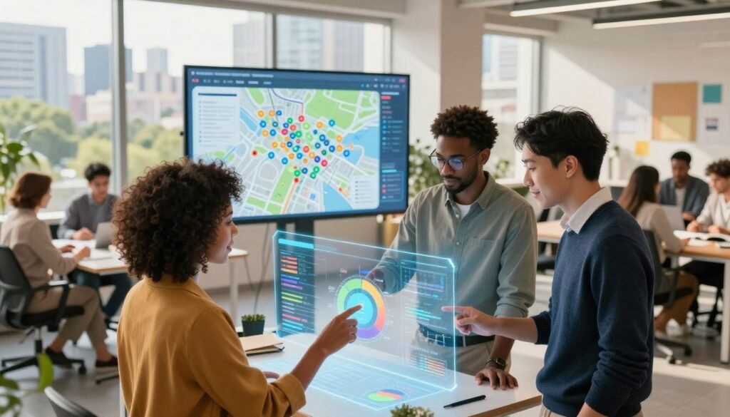 A vibrant illustration of a diverse group of professionals collaborating on civic technology in a modern office space. In the foreground, a group of three individuals: a woman with curly hair in a smart blazer, a man wearing glasses and a casual shirt, and a person of Asian descent in a sleek sweater, are focused on a holographic interface displaying digital graphs and community data. The middle ground features a large, interactive digital democracy map with colorful markers and real-time statistics. In the background, large windows provide ample natural light, overlooking a city skyline filled with greenery and urban innovation. The atmosphere is collaborative and optimistic, with a warm color palette that emphasizes innovation and community empowerment. The scene is captured from a slightly elevated angle, providing a comprehensive view of the engagement and technology at play. A vibrant illustration of a diverse group of professionals collaborating on civic technology in a modern office space. In the foreground, a group of three individuals: a woman with curly hair in a smart blazer, a man wearing glasses and a casual shirt, and a person of Asian descent in a sleek sweater, are focused on a holographic interface displaying digital graphs and community data. The middle ground features a large, interactive digital democracy map with colorful markers and real-time statistics. In the background, large windows provide ample natural light, overlooking a city skyline filled with greenery and urban innovation. The atmosphere is collaborative and optimistic, with a warm color palette that emphasizes innovation and community empowerment. The scene is captured from a slightly elevated angle, providing a comprehensive view of the engagement and technology at play.