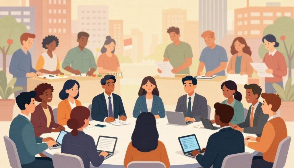 A vibrant illustration representing the concept of participatory democracy. In the foreground, a diverse group of people, dressed in professional business attire, engage in a lively discussion around a circular table filled with documents and digital devices, symbolizing collaboration. In the middle ground, soft-focus images of community members working together on a project, highlighting inclusivity and diverse voices. The background features a cityscape that visually represents civic engagement, with banners and peaceful demonstrations enhancing the atmosphere. The lighting is warm and inviting, casting a hopeful glow on the group, conveying a sense of unity, collaboration, and empowerment. The image should be dynamic and uplifting, encapsulating the essence of participatory democracy without any text or distractions. A vibrant illustration representing the concept of participatory democracy. In the foreground, a diverse group of people, dressed in professional business attire, engage in a lively discussion around a circular table filled with documents and digital devices, symbolizing collaboration. In the middle ground, soft-focus images of community members working together on a project, highlighting inclusivity and diverse voices. The background features a cityscape that visually represents civic engagement, with banners and peaceful demonstrations enhancing the atmosphere. The lighting is warm and inviting, casting a hopeful glow on the group, conveying a sense of unity, collaboration, and empowerment. The image should be dynamic and uplifting, encapsulating the essence of participatory democracy without any text or distractions.