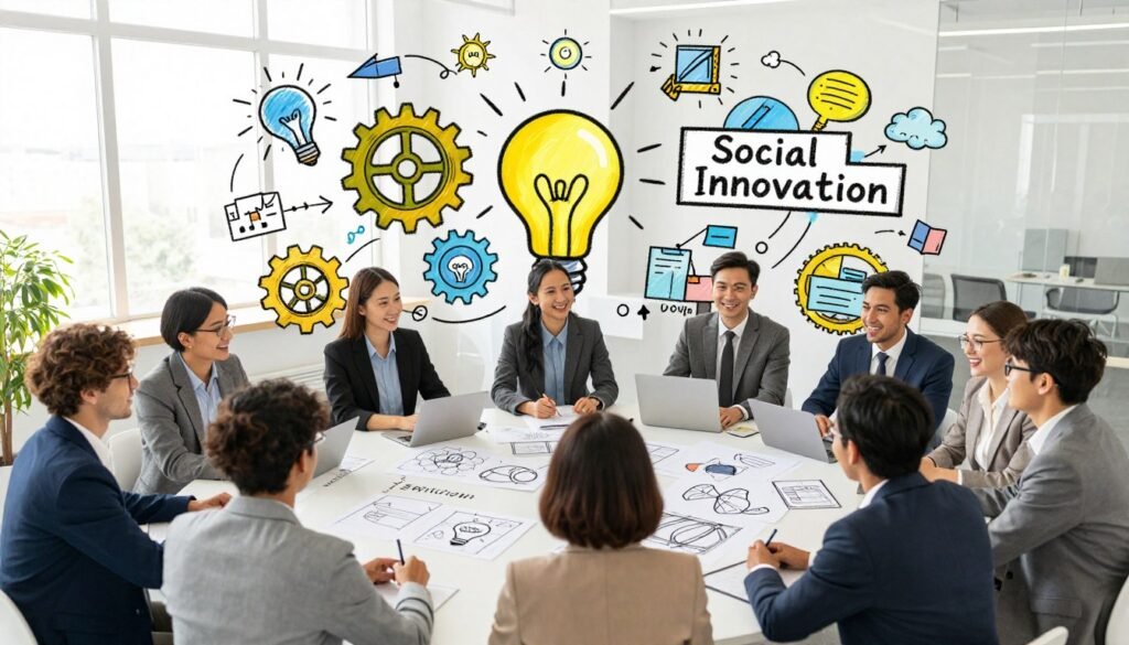 A vibrant illustration showcasing the characteristics of social innovation. In the foreground, a diverse group of professionals in business attire engages in a dynamic brainstorming session around a large table, surrounded by sketches and prototypes representing innovative solutions to social challenges. In the middle ground, elements like gears, lightbulbs, and flowcharts symbolizing creativity and collaboration flow outward from the table, creating a sense of movement and energy. The background features a modern office setting with large windows allowing natural light to flood the scene, enhancing the atmosphere of inspiration and hope. Use a slightly elevated angle to capture the excitement in their expressions, emphasizing teamwork and forward-thinking ideas. The overall mood should be optimistic and collaborative, reflecting a progressive approach to social issues. A vibrant illustration showcasing the characteristics of social innovation. In the foreground, a diverse group of professionals in business attire engages in a dynamic brainstorming session around a large table, surrounded by sketches and prototypes representing innovative solutions to social challenges. In the middle ground, elements like gears, lightbulbs, and flowcharts symbolizing creativity and collaboration flow outward from the table, creating a sense of movement and energy. The background features a modern office setting with large windows allowing natural light to flood the scene, enhancing the atmosphere of inspiration and hope. Use a slightly elevated angle to capture the excitement in their expressions, emphasizing teamwork and forward-thinking ideas. The overall mood should be optimistic and collaborative, reflecting a progressive approach to social issues.