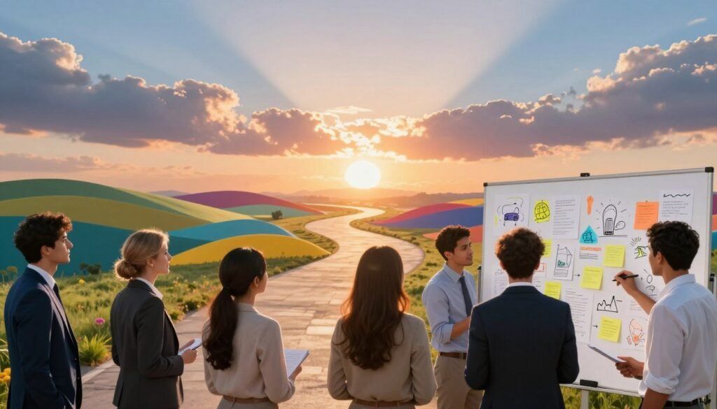 A vibrant, inspiring scene depicting the essence of creativity overcoming challenges. In the foreground, a diverse group of professionals in business attire are gathered around a large, illuminated brainstorming board filled with colorful sketches and ideas. In the middle ground, a path of abstract shapes symbolizes obstacles, blending into a brightly colored landscape representing innovative solutions. The background features a sunrise with radiant beams of light breaking through clouds, symbolizing hope and new beginnings. The atmosphere is uplifting and energizing, with soft, warm lighting highlighting the faces of the individuals as they collaborate. The scene captures a sense of unity and determination, showcasing the power of creativity in building a better future. A vibrant, inspiring scene depicting the essence of creativity overcoming challenges. In the foreground, a diverse group of professionals in business attire are gathered around a large, illuminated brainstorming board filled with colorful sketches and ideas. In the middle ground, a path of abstract shapes symbolizes obstacles, blending into a brightly colored landscape representing innovative solutions. The background features a sunrise with radiant beams of light breaking through clouds, symbolizing hope and new beginnings. The atmosphere is uplifting and energizing, with soft, warm lighting highlighting the faces of the individuals as they collaborate. The scene captures a sense of unity and determination, showcasing the power of creativity in building a better future.