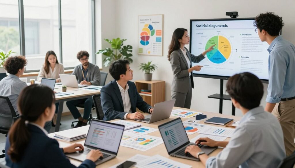 A vibrant, modern workspace filled with dedicated professionals collaborating over strategy charts and digital devices. In the foreground, a diverse group of individuals in professional business attire are animatedly discussing tailored growth strategies, with a large digital screen displaying a colorful infographic on nonprofit impact. The middle ground features tables strewn with research papers and laptops, emphasizing teamwork and innovation. Soft, natural lighting streams through large windows, creating an inviting atmosphere. In the background, plants and artworks represent social impact themes, adding a sense of warmth and vision. The angle captures a sense of engagement and focus, embodying the spirit of creativity and collaboration in nonprofit growth. The mood is optimistic and empowering, showcasing the potential for positive change. A vibrant, modern workspace filled with dedicated professionals collaborating over strategy charts and digital devices. In the foreground, a diverse group of individuals in professional business attire are animatedly discussing tailored growth strategies, with a large digital screen displaying a colorful infographic on nonprofit impact. The middle ground features tables strewn with research papers and laptops, emphasizing teamwork and innovation. Soft, natural lighting streams through large windows, creating an inviting atmosphere. In the background, plants and artworks represent social impact themes, adding a sense of warmth and vision. The angle captures a sense of engagement and focus, embodying the spirit of creativity and collaboration in nonprofit growth. The mood is optimistic and empowering, showcasing the potential for positive change.