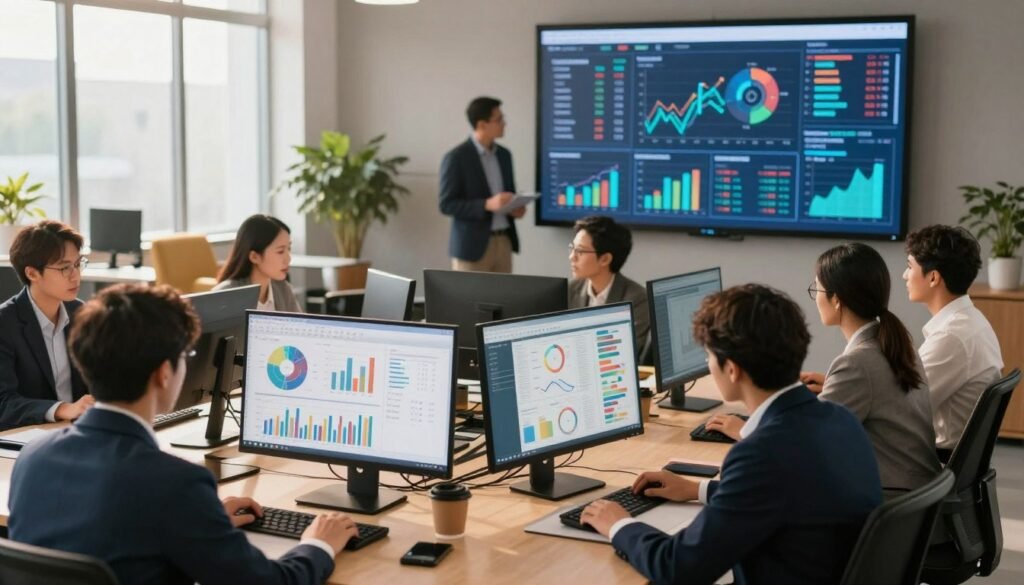 A vibrant office space filled with professionals engaged in market data analysis. In the foreground, a diverse group of individuals in smart, business attire, analyzing colorful charts and graphs displayed on modern monitors. In the middle ground, a large digital screen showcases dynamic data visualizations, highlighting audience demographics and marketing strategies. The background features sleek furniture and large windows letting in natural light, creating an inviting atmosphere. The lighting is warm and bright, enhancing the focus on collaboration and innovation. The scene conveys a sense of teamwork and forward-thinking in strategic marketing and social media communication, perfect for illustrating the impact of data analysis on business strategies. A vibrant office space filled with professionals engaged in market data analysis. In the foreground, a diverse group of individuals in smart, business attire, analyzing colorful charts and graphs displayed on modern monitors. In the middle ground, a large digital screen showcases dynamic data visualizations, highlighting audience demographics and marketing strategies. The background features sleek furniture and large windows letting in natural light, creating an inviting atmosphere. The lighting is warm and bright, enhancing the focus on collaboration and innovation. The scene conveys a sense of teamwork and forward-thinking in strategic marketing and social media communication, perfect for illustrating the impact of data analysis on business strategies.