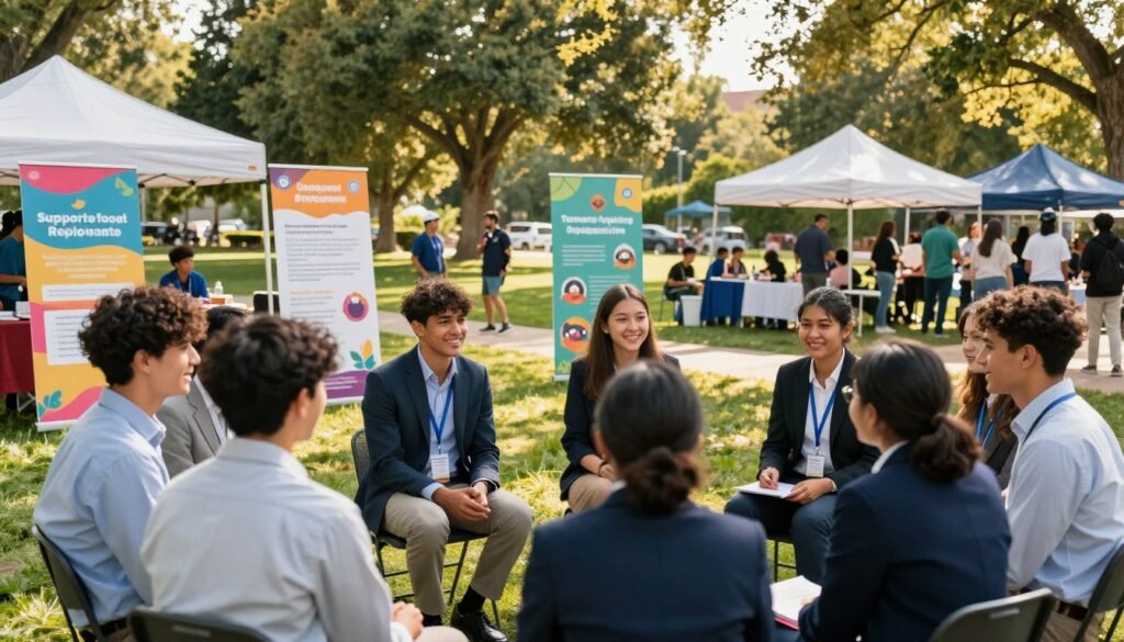 A vibrant outdoor community event showcasing youth empowerment and development programs. In the foreground, a diverse group of young professionals in business attire engage in collaborative discussions, smiling and exchanging ideas. In the middle ground, colorful banners and posters promote various support initiatives for youth, with small tents hosting workshops and activities. In the background, a sunlit park with trees and families enjoying the day adds a sense of community and togetherness. The lighting is warm and inviting, suggesting a hopeful atmosphere for social change and civic engagement. The angle captures a wide view, emphasizing the lively interaction among participants while maintaining a focus on their enthusiasm and collaboration. A vibrant outdoor community event showcasing youth empowerment and development programs. In the foreground, a diverse group of young professionals in business attire engage in collaborative discussions, smiling and exchanging ideas. In the middle ground, colorful banners and posters promote various support initiatives for youth, with small tents hosting workshops and activities. In the background, a sunlit park with trees and families enjoying the day adds a sense of community and togetherness. The lighting is warm and inviting, suggesting a hopeful atmosphere for social change and civic engagement. The angle captures a wide view, emphasizing the lively interaction among participants while maintaining a focus on their enthusiasm and collaboration.