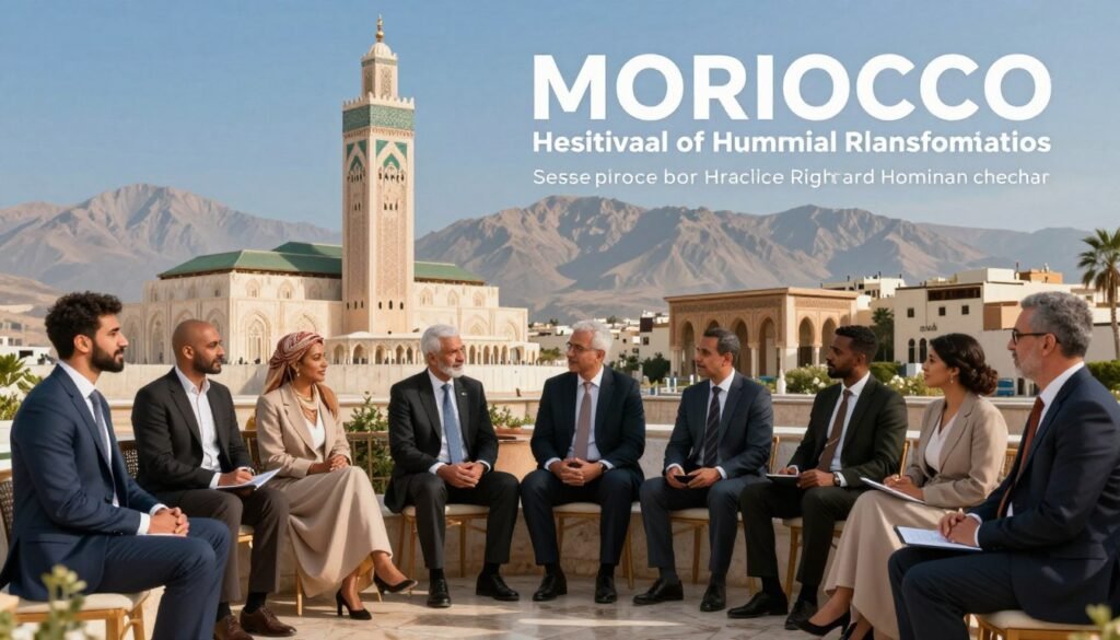 A vibrant representation of Morocco's historical transformations, focusing on the evolution of human rights. In the foreground, a diverse group of individuals in professional business attire engages in thoughtful discussions, symbolizing collaboration and democratic participation. The middle ground features historical landmarks, such as the Hassan II Mosque and ancient medinas, reflecting Morocco's rich cultural heritage. The background showcases the Atlas Mountains under a clear blue sky, representing hope and progress. The scene is illuminated by warm, natural sunlight, creating an inviting atmosphere. The composition should evoke a sense of unity, progress, and the ongoing journey towards human rights in Morocco, with a focus on a harmonious blend of tradition and modernity. A vibrant representation of Morocco's historical transformations, focusing on the evolution of human rights. In the foreground, a diverse group of individuals in professional business attire engages in thoughtful discussions, symbolizing collaboration and democratic participation. The middle ground features historical landmarks, such as the Hassan II Mosque and ancient medinas, reflecting Morocco's rich cultural heritage. The background showcases the Atlas Mountains under a clear blue sky, representing hope and progress. The scene is illuminated by warm, natural sunlight, creating an inviting atmosphere. The composition should evoke a sense of unity, progress, and the ongoing journey towards human rights in Morocco, with a focus on a harmonious blend of tradition and modernity.