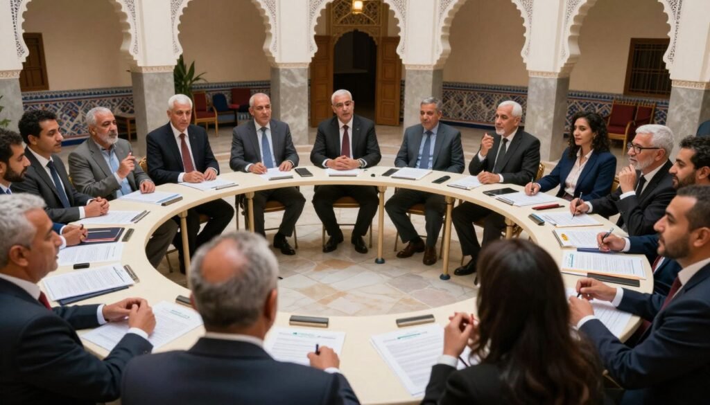 A vibrant scene depicting a group of engaged Moroccan citizens participating in a town hall meeting, emphasizing their collaborative spirit in enhancing participatory democracy. In the foreground, diverse individuals of various ages and ethnicities are expressing their thoughts passionately, dressed in professional business attire. The middle ground features a large circular table laden with documents and materials related to community initiatives. In the background, a beautifully designed Moroccan building, with traditional architecture and colorful decorations, symbolizes the rich cultural heritage. Soft, warm lighting creates an inviting atmosphere, highlighting the focus on discussion and collaboration. The image should capture a sense of hope and unity, reflecting an important moment in democratic engagement. The angle is slightly elevated, providing a comprehensive view of the interaction among the participants. A vibrant scene depicting a group of engaged Moroccan citizens participating in a town hall meeting, emphasizing their collaborative spirit in enhancing participatory democracy. In the foreground, diverse individuals of various ages and ethnicities are expressing their thoughts passionately, dressed in professional business attire. The middle ground features a large circular table laden with documents and materials related to community initiatives. In the background, a beautifully designed Moroccan building, with traditional architecture and colorful decorations, symbolizes the rich cultural heritage. Soft, warm lighting creates an inviting atmosphere, highlighting the focus on discussion and collaboration. The image should capture a sense of hope and unity, reflecting an important moment in democratic engagement. The angle is slightly elevated, providing a comprehensive view of the interaction among the participants.