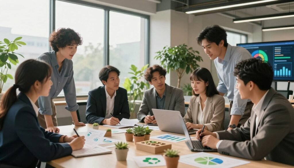 A vibrant scene depicting a modern office environment, focusing on diverse business professionals engaged in collaborative discussions around a large table covered with sustainable products and innovative prototypes. In the foreground, a multi-ethnic group of men and women in professional business attire are analyzing charts and brainstorming ideas, showcasing a sense of teamwork and creativity. In the middle, large windows allow soft natural light to illuminate the space, creating a warm atmosphere. The background features greenery, symbolizing sustainability, and technology like digital screens displaying environmental statistics. The overall mood is positive and forward-thinking, reflecting the hopeful impact of social innovation in business models. A vibrant scene depicting a modern office environment, focusing on diverse business professionals engaged in collaborative discussions around a large table covered with sustainable products and innovative prototypes. In the foreground, a multi-ethnic group of men and women in professional business attire are analyzing charts and brainstorming ideas, showcasing a sense of teamwork and creativity. In the middle, large windows allow soft natural light to illuminate the space, creating a warm atmosphere. The background features greenery, symbolizing sustainability, and technology like digital screens displaying environmental statistics. The overall mood is positive and forward-thinking, reflecting the hopeful impact of social innovation in business models.