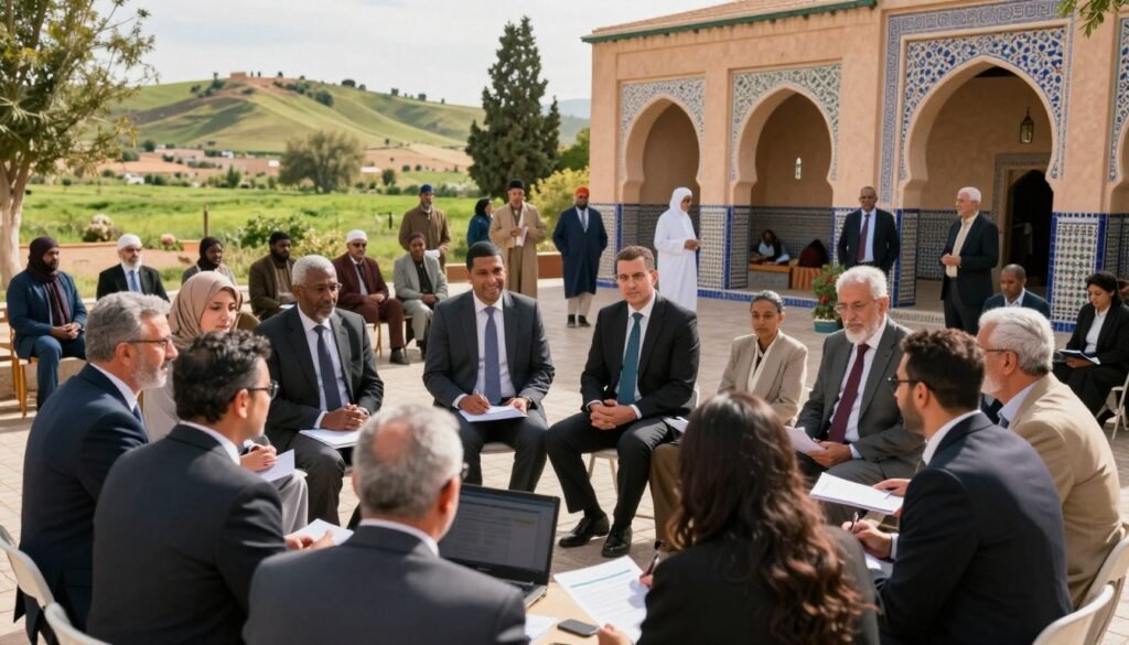 A vibrant scene depicting an outdoor community meeting in Morocco, illustrating the essence of civic engagement in the context of participatory democracy. In the foreground, a diverse group of individuals, dressed in professional business attire, are animatedly discussing ideas, with papers and laptops on a table. In the middle ground, a traditional Moroccan building subtly illustrates the cultural backdrop, adorned with vivid tiles and arches, while community members interact, showcasing different ethnicities. In the background, rolling hills and lush greenery underscore the rural landscape. The scene is bathed in warm, natural sunlight, creating an inviting atmosphere, with soft shadows enhancing the depth. Capture this moment from a slightly elevated angle to emphasize the gathering's interaction and the environment's richness. A vibrant scene depicting an outdoor community meeting in Morocco, illustrating the essence of civic engagement in the context of participatory democracy. In the foreground, a diverse group of individuals, dressed in professional business attire, are animatedly discussing ideas, with papers and laptops on a table. In the middle ground, a traditional Moroccan building subtly illustrates the cultural backdrop, adorned with vivid tiles and arches, while community members interact, showcasing different ethnicities. In the background, rolling hills and lush greenery underscore the rural landscape. The scene is bathed in warm, natural sunlight, creating an inviting atmosphere, with soft shadows enhancing the depth. Capture this moment from a slightly elevated angle to emphasize the gathering's interaction and the environment's richness.