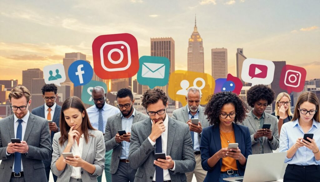A vibrant scene depicting the interplay of social media and freedom of expression in a modern digital landscape. In the foreground, diverse people of different ethnicities and backgrounds engage with their smartphones and laptops, dressed in professional business attire, showing a mix of passion and thoughtful reflection. In the middle ground, visual representations of social media platforms emerge as colorful, abstract shapes, symbolizing connectivity and communication. In the background, a city skyline at dusk, bathed in warm, golden light, reflects a symbol of democracy. The atmosphere is dynamic and hopeful, capturing the essence of digital engagement and civic participation. Use a wide-angle lens to capture depth, with soft lighting to enhance the collaborative spirit. A vibrant scene depicting the interplay of social media and freedom of expression in a modern digital landscape. In the foreground, diverse people of different ethnicities and backgrounds engage with their smartphones and laptops, dressed in professional business attire, showing a mix of passion and thoughtful reflection. In the middle ground, visual representations of social media platforms emerge as colorful, abstract shapes, symbolizing connectivity and communication. In the background, a city skyline at dusk, bathed in warm, golden light, reflects a symbol of democracy. The atmosphere is dynamic and hopeful, capturing the essence of digital engagement and civic participation. Use a wide-angle lens to capture depth, with soft lighting to enhance the collaborative spirit.