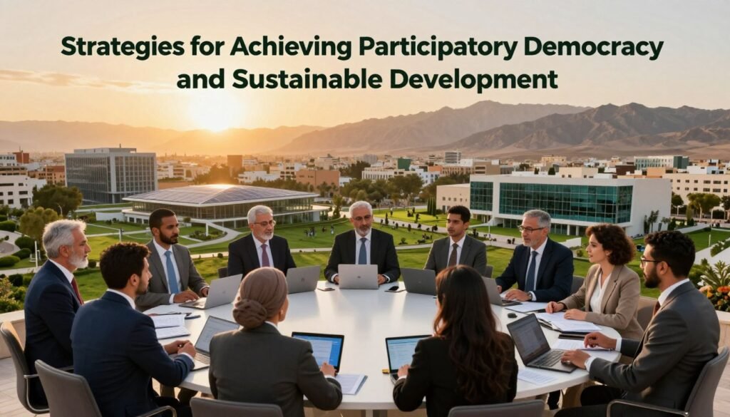 A vibrant scene illustrating "Strategies for Achieving Participatory Democracy and Sustainable Development" in Morocco. In the foreground, a diverse group of professionals, both men and women dressed in smart business attire, engage in a dynamic discussion around a large table filled with documents and digital devices. The middle ground features a modern cityscape with green spaces and buildings representing innovation and sustainability, showcasing solar panels and greenery. In the background, the sun sets behind the Atlas Mountains, casting a warm, golden light across the landscape, creating an atmosphere of hope and collaboration. The scene should convey energy and inspiration, emphasizing unity and progress toward democratic values and sustainable practices in Morocco. A vibrant scene illustrating "Strategies for Achieving Participatory Democracy and Sustainable Development" in Morocco. In the foreground, a diverse group of professionals, both men and women dressed in smart business attire, engage in a dynamic discussion around a large table filled with documents and digital devices. The middle ground features a modern cityscape with green spaces and buildings representing innovation and sustainability, showcasing solar panels and greenery. In the background, the sun sets behind the Atlas Mountains, casting a warm, golden light across the landscape, creating an atmosphere of hope and collaboration. The scene should convey energy and inspiration, emphasizing unity and progress toward democratic values and sustainable practices in Morocco.