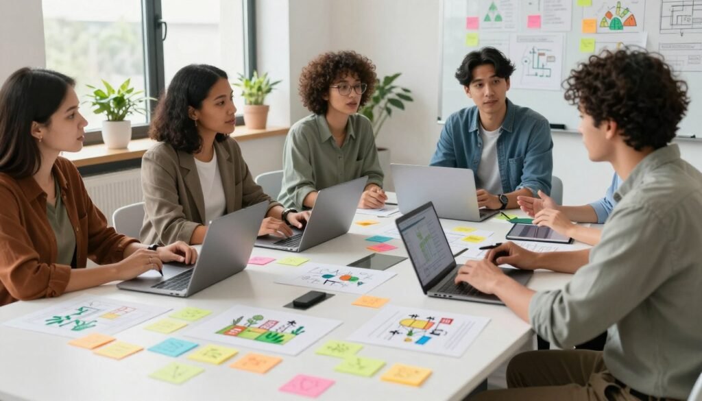A vibrant scene illustrating innovative community project ideas, featuring a diverse group of professionals brainstorming around a modern conference table. In the foreground, close-up on colorful sticky notes with sketches and diagrams representing various project concepts like urban gardens, recycling programs, and tech workshops. In the middle, individuals—two women and one man, dressed in smart casual attire—engage in discussion, with laptops and digital tablets open, showcasing teamwork and collaboration. The background shows a large window with natural light flooding in, plants on the sill, and a whiteboard filled with brainstormed ideas. The atmosphere is dynamic and inspiring, emphasizing creativity and community spirit, captured from a slightly elevated angle to encompass the entire scene. A vibrant scene illustrating innovative community project ideas, featuring a diverse group of professionals brainstorming around a modern conference table. In the foreground, close-up on colorful sticky notes with sketches and diagrams representing various project concepts like urban gardens, recycling programs, and tech workshops. In the middle, individuals—two women and one man, dressed in smart casual attire—engage in discussion, with laptops and digital tablets open, showcasing teamwork and collaboration. The background shows a large window with natural light flooding in, plants on the sill, and a whiteboard filled with brainstormed ideas. The atmosphere is dynamic and inspiring, emphasizing creativity and community spirit, captured from a slightly elevated angle to encompass the entire scene.