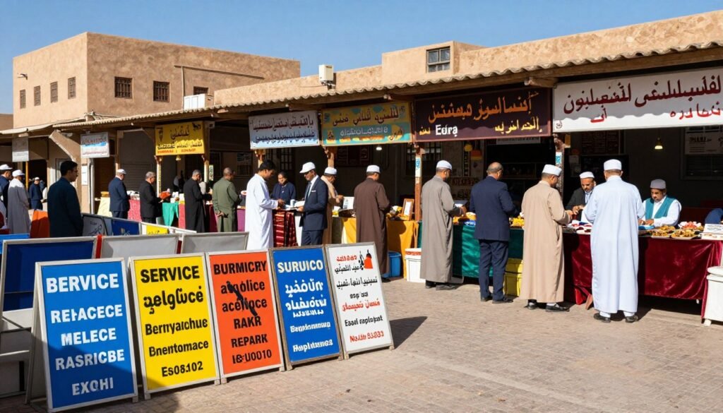 A vibrant scene illustrating local service classifications in Morocco, featuring a bustling marketplace with varied stalls representing different services. In the foreground, a well-organized array of service signs for healthcare, repairs, and food delivery, each with distinct colors and designs. The middle ground shows professional figures in modest business attire engaging with customers, depicting a culture of community and service. The background reveals traditional Moroccan architecture, with a clear blue sky providing bright, natural lighting that casts soft shadows. The atmosphere is lively and welcoming, conveying a sense of accessibility and warmth in the local service industry, shot from a slightly elevated angle to capture the breadth of the scene without any text or overlays. A vibrant scene illustrating local service classifications in Morocco, featuring a bustling marketplace with varied stalls representing different services. In the foreground, a well-organized array of service signs for healthcare, repairs, and food delivery, each with distinct colors and designs. The middle ground shows professional figures in modest business attire engaging with customers, depicting a culture of community and service. The background reveals traditional Moroccan architecture, with a clear blue sky providing bright, natural lighting that casts soft shadows. The atmosphere is lively and welcoming, conveying a sense of accessibility and warmth in the local service industry, shot from a slightly elevated angle to capture the breadth of the scene without any text or overlays.