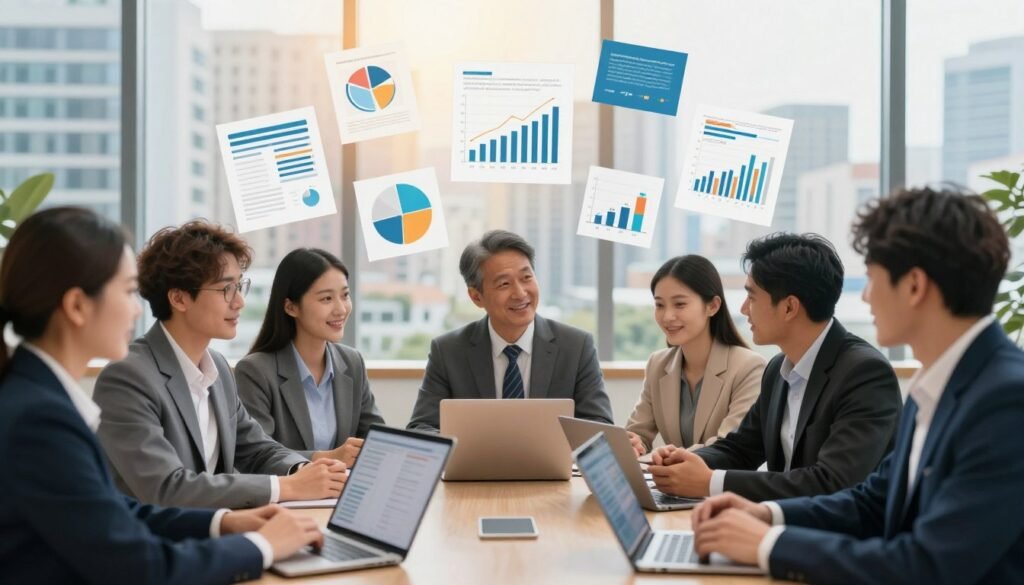 A vibrant scene illustrating the role of information and language in enhancing participation. In the foreground, a diverse group of individuals in professional attire are engaged in a collaborative discussion, surrounded by open laptops and tablets displaying data. In the middle layer, visually engaging infographics and charts float above their heads, symbolizing the flow of information. The background features a cityscape with modern buildings, signifying a community actively engaged in democratic processes. Soft, warm lighting creates an inviting atmosphere, while a shallow depth of field focuses on the participants, highlighting their expressions of enthusiasm and determination. The composition evokes a sense of empowerment and collaboration, reflecting the importance of communication in fostering civic involvement. A vibrant scene illustrating the role of information and language in enhancing participation. In the foreground, a diverse group of individuals in professional attire are engaged in a collaborative discussion, surrounded by open laptops and tablets displaying data. In the middle layer, visually engaging infographics and charts float above their heads, symbolizing the flow of information. The background features a cityscape with modern buildings, signifying a community actively engaged in democratic processes. Soft, warm lighting creates an inviting atmosphere, while a shallow depth of field focuses on the participants, highlighting their expressions of enthusiasm and determination. The composition evokes a sense of empowerment and collaboration, reflecting the importance of communication in fostering civic involvement.