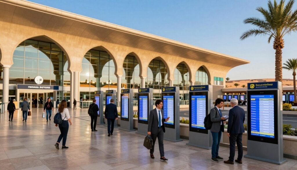 A vibrant scene of Marrakech Menara Airport, showcasing its modern architectural design with elegant arches and glass facades, bathed in warm sunlight. In the foreground, a busy terminal with travelers in professional attire reflects the airport's digital service offerings. The middle ground features digital kiosks and information panels displaying flight information in multiple languages. Lush palm trees and desert landscapes provide a picturesque background against the clear blue sky. The mood is lively yet organized, conveying a sense of efficiency and cutting-edge technology in travel. The camera angle is slightly elevated, capturing the dynamic interaction of people and digital services, emphasizing the airport as a model of digital transformation in business services. A vibrant scene of Marrakech Menara Airport, showcasing its modern architectural design with elegant arches and glass facades, bathed in warm sunlight. In the foreground, a busy terminal with travelers in professional attire reflects the airport's digital service offerings. The middle ground features digital kiosks and information panels displaying flight information in multiple languages. Lush palm trees and desert landscapes provide a picturesque background against the clear blue sky. The mood is lively yet organized, conveying a sense of efficiency and cutting-edge technology in travel. The camera angle is slightly elevated, capturing the dynamic interaction of people and digital services, emphasizing the airport as a model of digital transformation in business services.