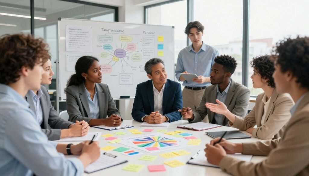 A vibrant scene showcasing a diverse group of individuals engaged in a collaborative workshop focused on inclusive engagement strategies. In the foreground, a circular table presents colorful charts and sticky notes, symbolizing brainstorming. Participants are dressed in professional business attire, showcasing a range of ethnicities and genders, actively discussing and sharing ideas with enthusiastic expressions. In the middle ground, a large whiteboard is filled with mind maps and strategies, capturing the energy of teamwork. The background features a modern, well-lit office setting with large windows letting in natural light, enhancing the positive atmosphere of collaboration. Soft lens focus blurs the edges slightly, creating an inviting and dynamic ambiance that emphasizes the importance of public participation in decision-making. A vibrant scene showcasing a diverse group of individuals engaged in a collaborative workshop focused on inclusive engagement strategies. In the foreground, a circular table presents colorful charts and sticky notes, symbolizing brainstorming. Participants are dressed in professional business attire, showcasing a range of ethnicities and genders, actively discussing and sharing ideas with enthusiastic expressions. In the middle ground, a large whiteboard is filled with mind maps and strategies, capturing the energy of teamwork. The background features a modern, well-lit office setting with large windows letting in natural light, enhancing the positive atmosphere of collaboration. Soft lens focus blurs the edges slightly, creating an inviting and dynamic ambiance that emphasizes the importance of public participation in decision-making.