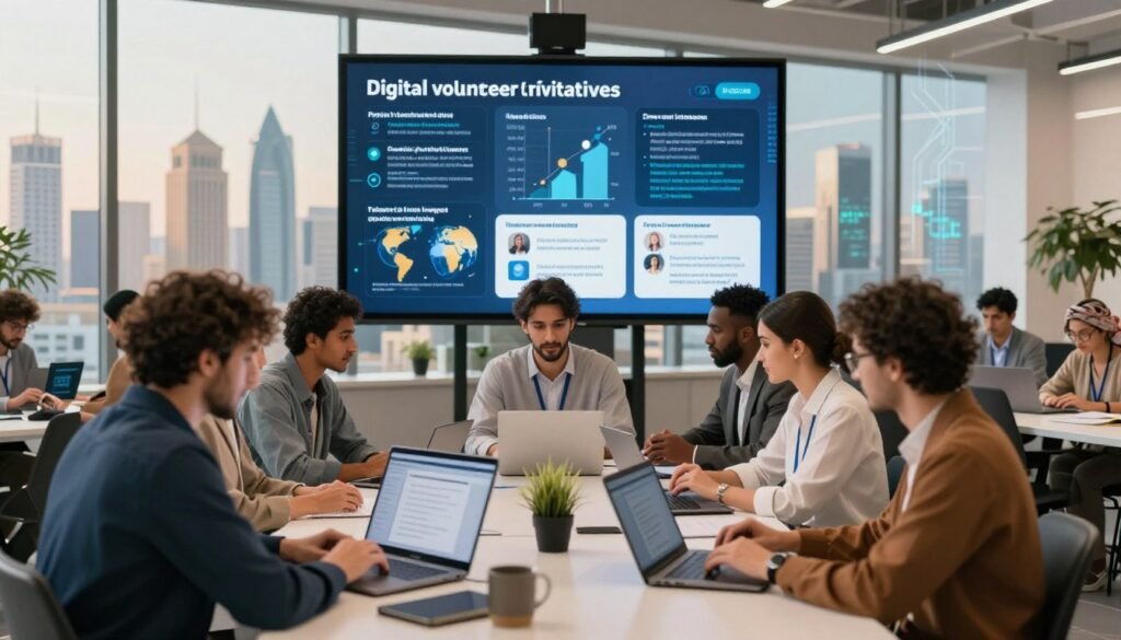 A vibrant scene showcasing digital volunteering initiatives in the Arab world. In the foreground, a diverse group of professionals, dressed in smart casual attire, collaborate on laptops and digital devices in a bright, modern workspace. They engage in brainstorming sessions, sharing ideas about community-focused tech solutions. In the middle ground, a large digital screen displays infographics about digital volunteering projects, illustrating data and success stories. The background features a panoramic view of an urban skyline with elements representing technology, like circuit patterns and binary code subtly integrated into the architecture. The atmosphere is dynamic and inspiring, with soft, warm lighting that enhances a sense of collaboration and creativity, suggesting a path towards community empowerment through technology. A vibrant scene showcasing digital volunteering initiatives in the Arab world. In the foreground, a diverse group of professionals, dressed in smart casual attire, collaborate on laptops and digital devices in a bright, modern workspace. They engage in brainstorming sessions, sharing ideas about community-focused tech solutions. In the middle ground, a large digital screen displays infographics about digital volunteering projects, illustrating data and success stories. The background features a panoramic view of an urban skyline with elements representing technology, like circuit patterns and binary code subtly integrated into the architecture. The atmosphere is dynamic and inspiring, with soft, warm lighting that enhances a sense of collaboration and creativity, suggesting a path towards community empowerment through technology.