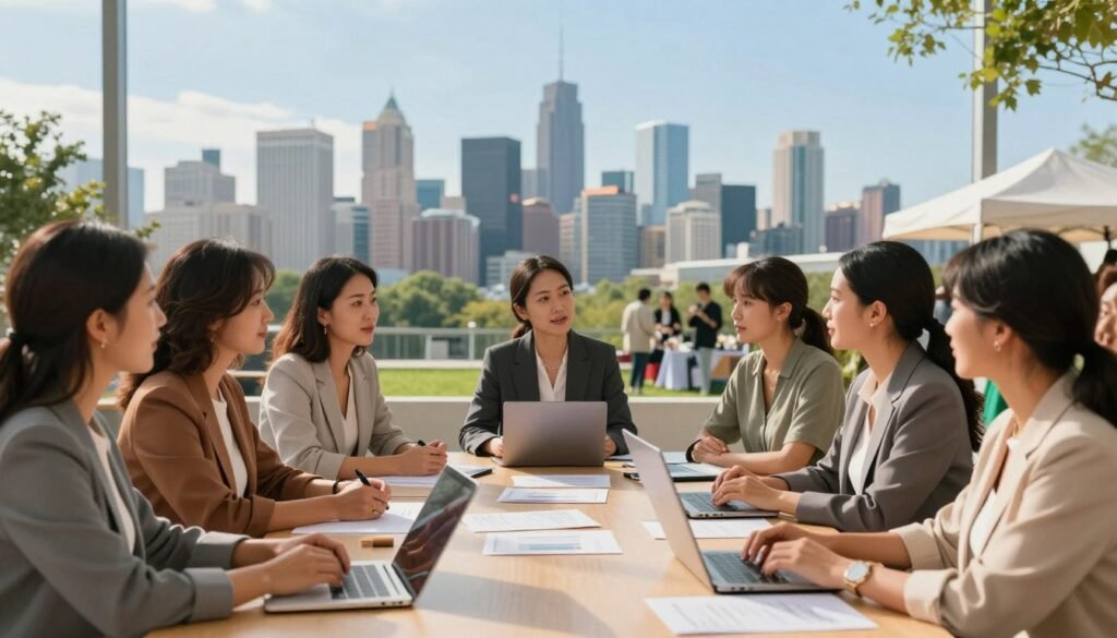 A vibrant scene showcasing women's empowerment in community development. In the foreground, a diverse group of women, dressed in professional business attire and modest casual clothing, engage in a collaborative discussion around a large table filled with documents and digital devices. The middle ground features a city skyline with green spaces and modern infrastructure symbolizing growth and progress. Soft, warm lighting illuminates the scene, creating a welcoming atmosphere. In the background, clear blue skies reflect optimism and potential, while subtle hints of community activities, like markets and workshops, depict an engaged public. The composition conveys a sense of unity, progress, and empowerment, capturing the essence of enhancing women's participation in development. A vibrant scene showcasing women's empowerment in community development. In the foreground, a diverse group of women, dressed in professional business attire and modest casual clothing, engage in a collaborative discussion around a large table filled with documents and digital devices. The middle ground features a city skyline with green spaces and modern infrastructure symbolizing growth and progress. Soft, warm lighting illuminates the scene, creating a welcoming atmosphere. In the background, clear blue skies reflect optimism and potential, while subtle hints of community activities, like markets and workshops, depict an engaged public. The composition conveys a sense of unity, progress, and empowerment, capturing the essence of enhancing women's participation in development.